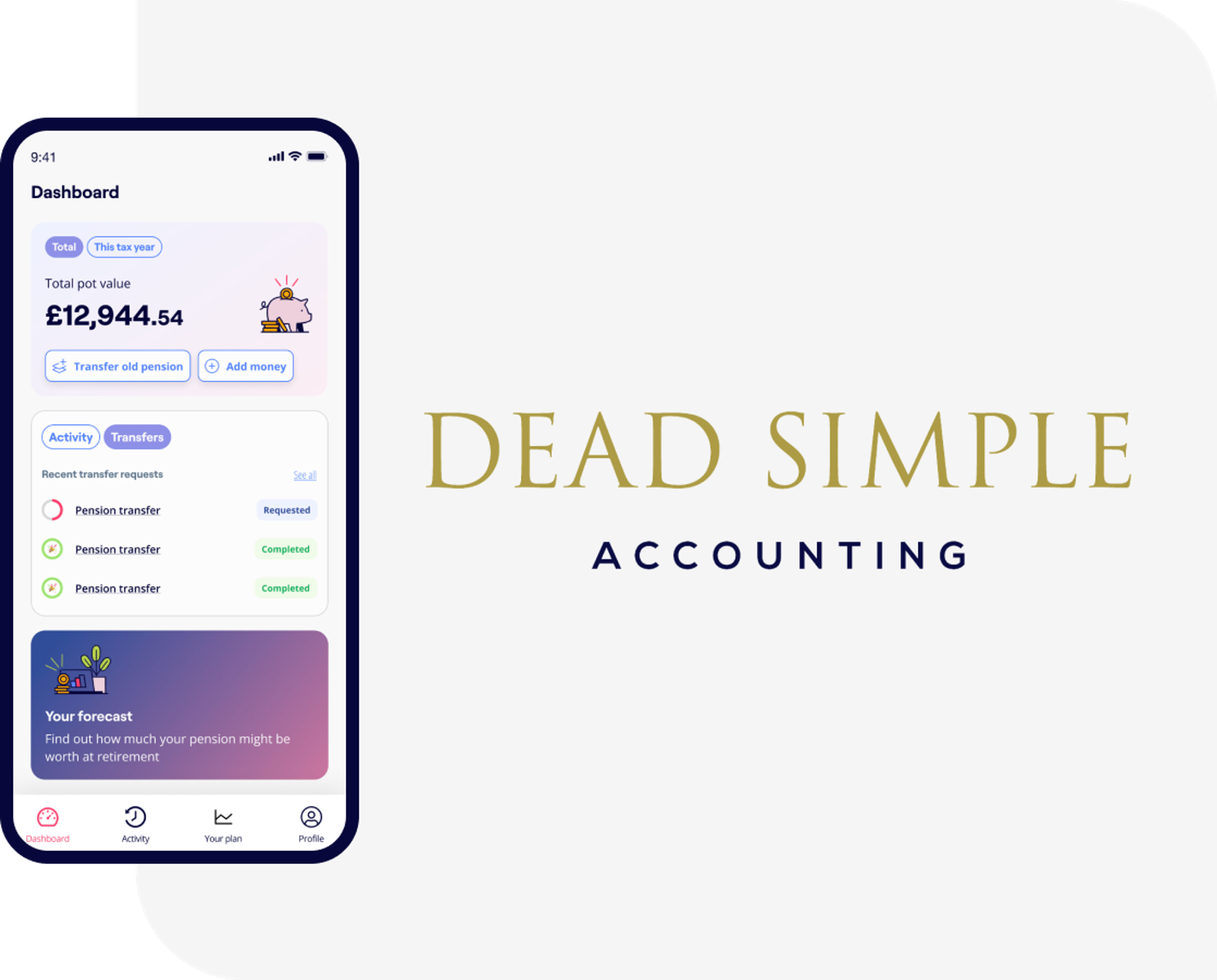 A photo of a man leaning over a table and excerpts from the Penfold pension app dashboard