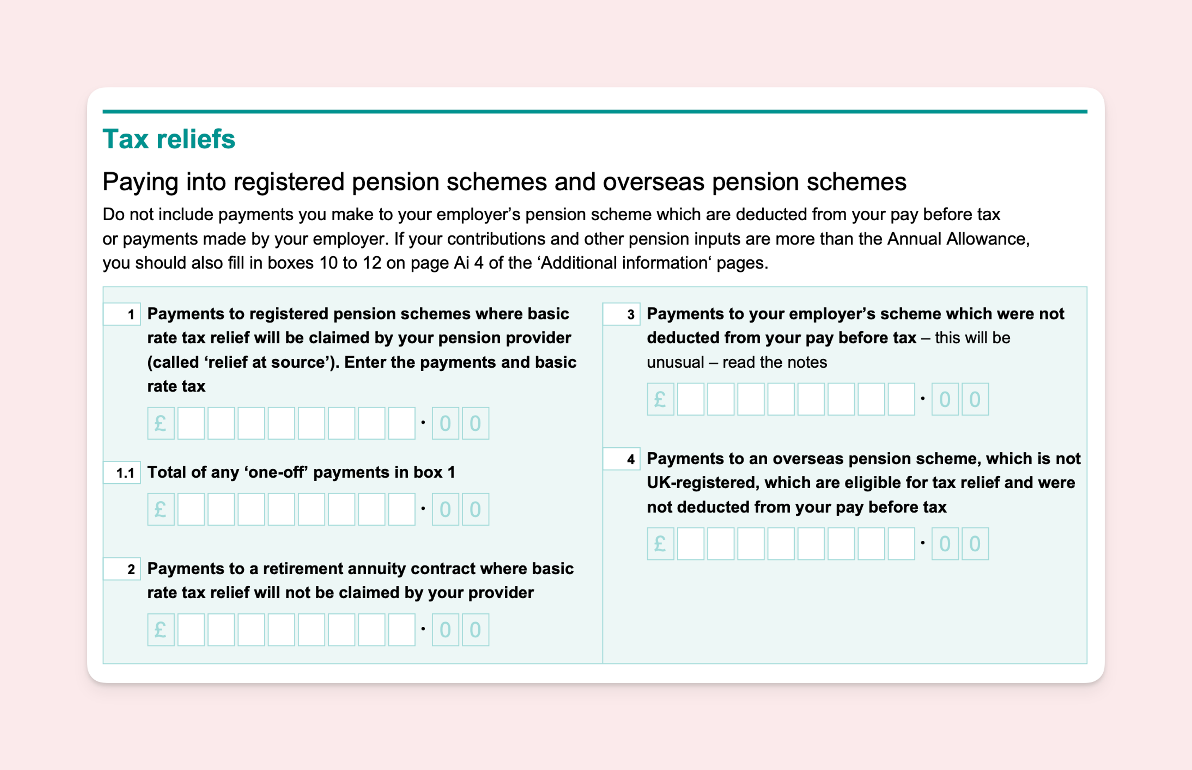 Document titled 'Tax reliefs' detailing instructions on how to report payments into pension schemes for tax purposes. It includes four sections: 1) Payments to registered pension schemes with basic rate tax relief, 1.1) Total of 'one-off' payments in box 1, 2) Payments to a retirement annuity contract, 3) Payments to your employer's scheme not deducted from pay before tax, and 4) Payments to an overseas pension scheme. Each section has an input field for the amount in pounds.