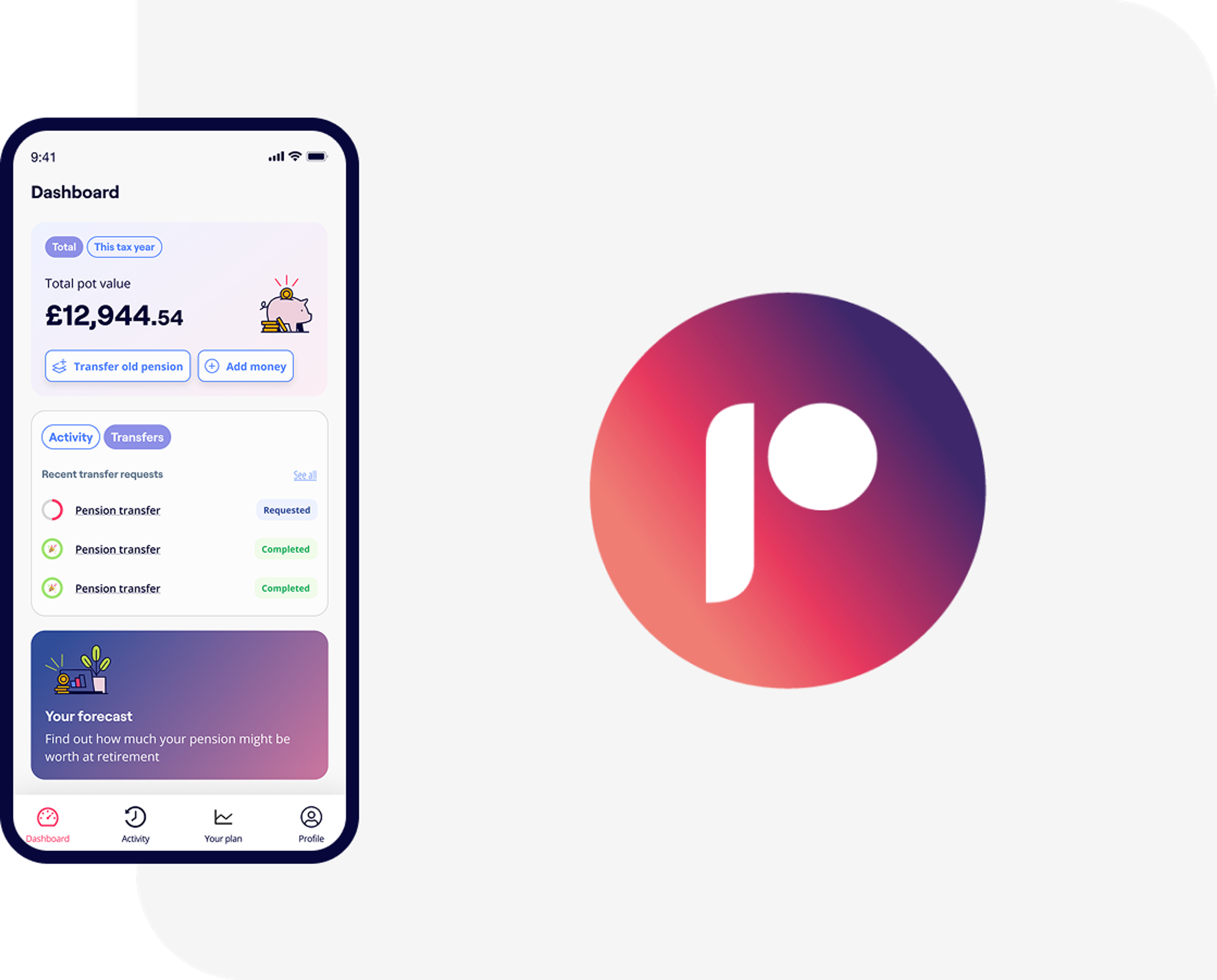 Excerpts of the Penfold pension app showing savings and contribution screens, alongside the Intelligent Payroll logo