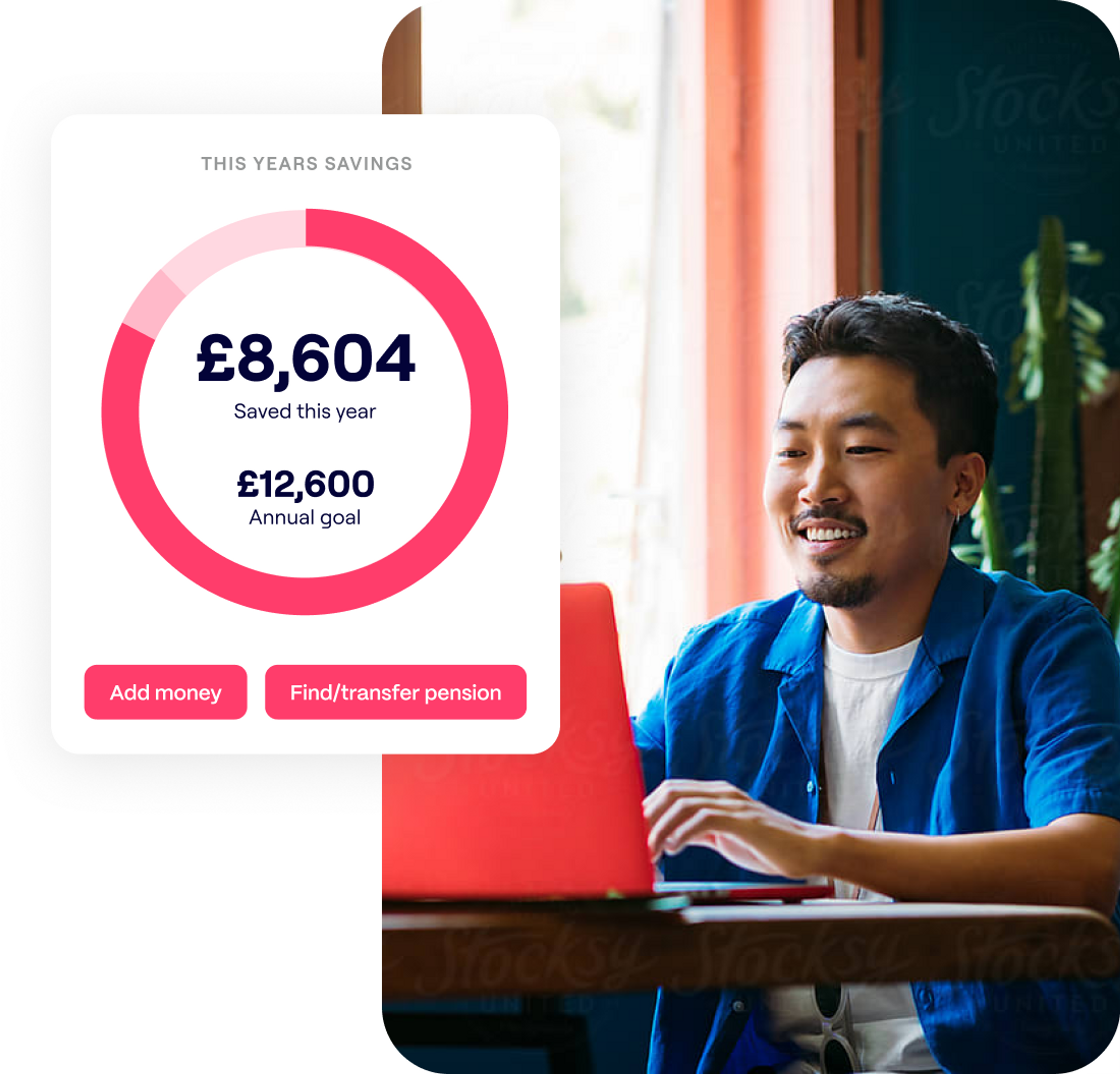 A photo of a working on a laptop and an excerpt of the Penfold pension app savings screen