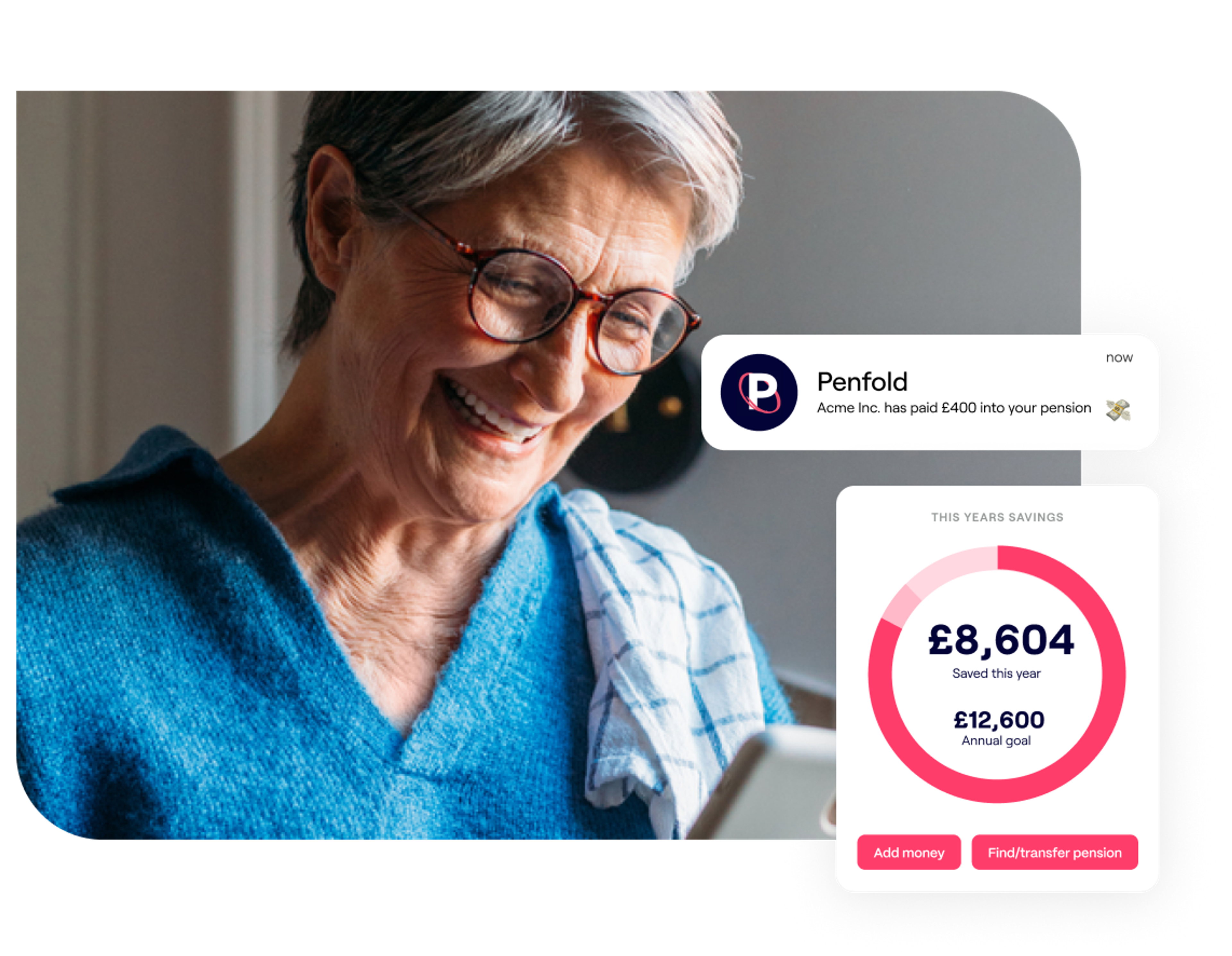 A photo of a woman smiling while looking at a laptop and excerpts of the Penfold pension app showing retirement savings and pension contributions screens