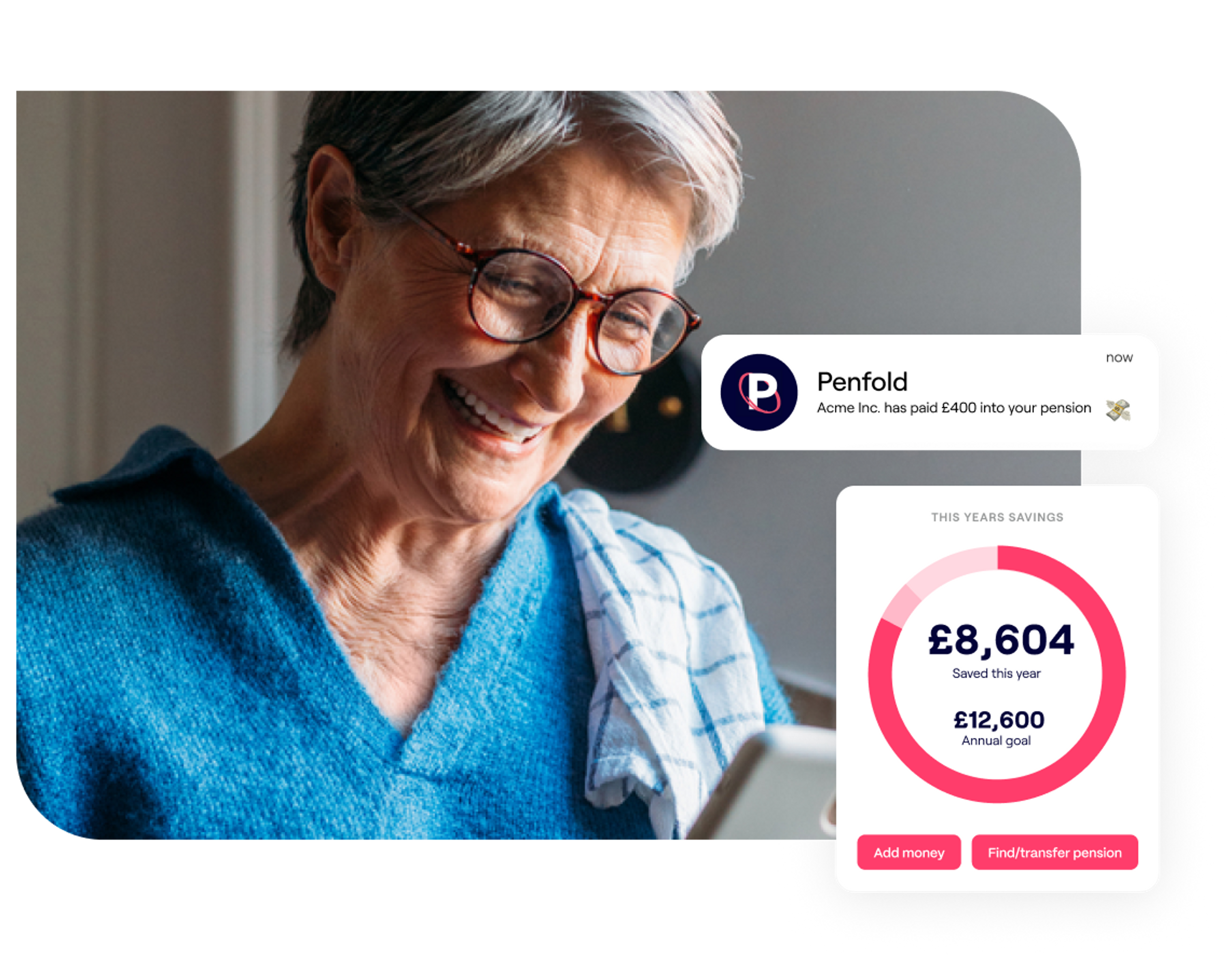 A photo of a woman looking at a tablet and excerpts of the Penfold pension app showing savings and contribution screens