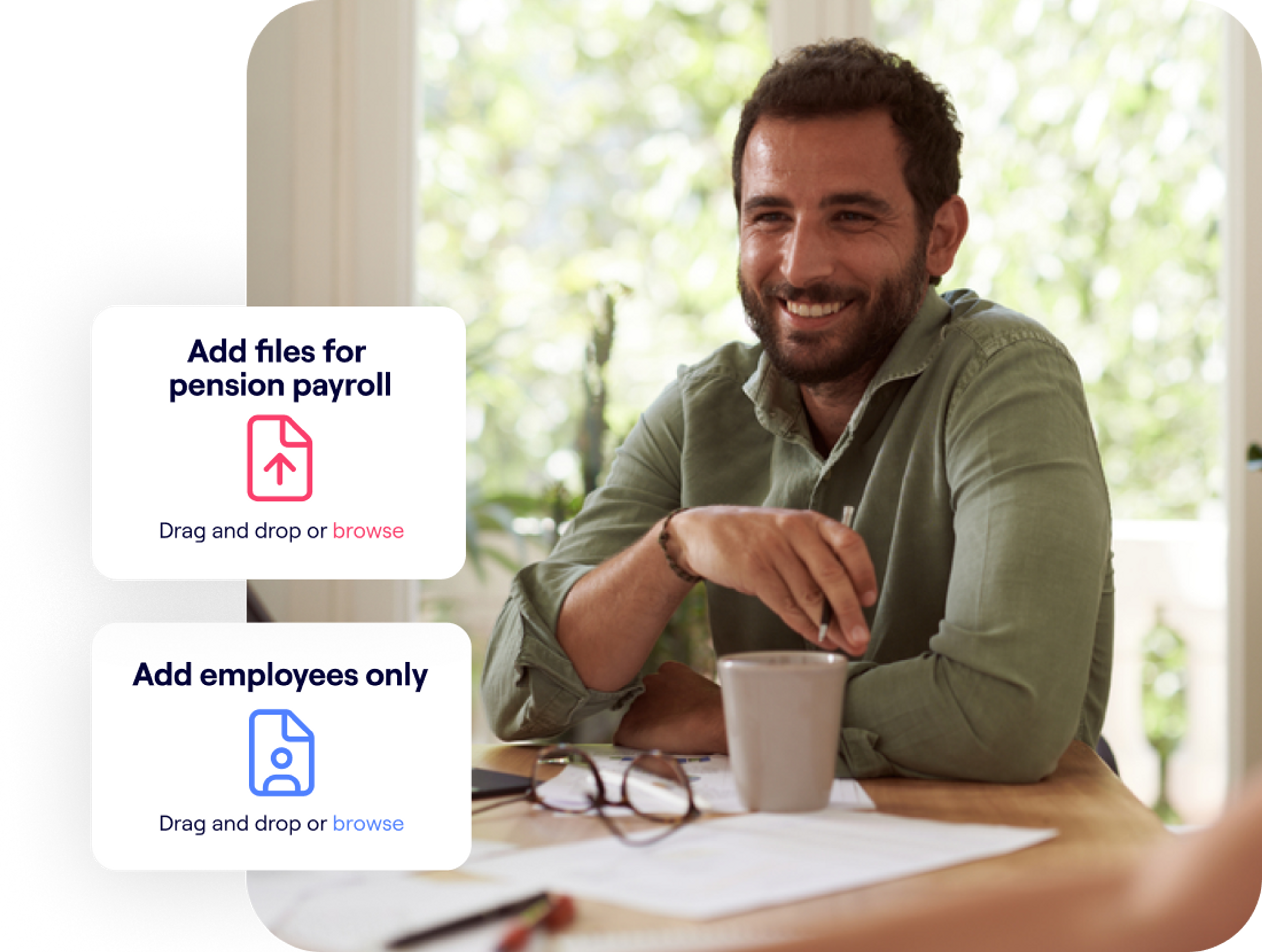 A photo of a financial advisor smiling while holding a pen and excerpts of the Penfold platform showing Add files for pension payroll screens