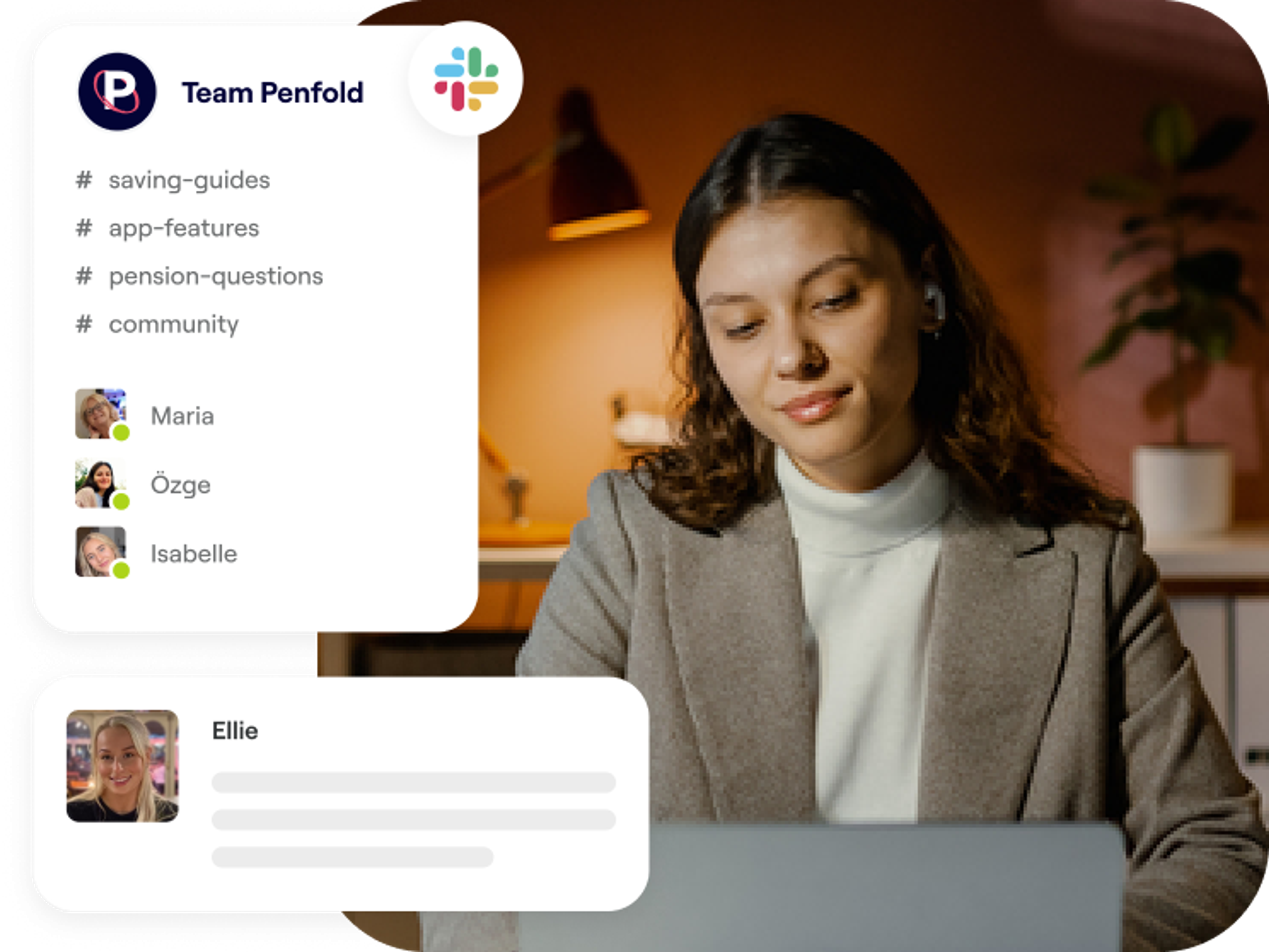 A photo of a woman looking at a phone and excerpt screens of the Penfold team messaging employees