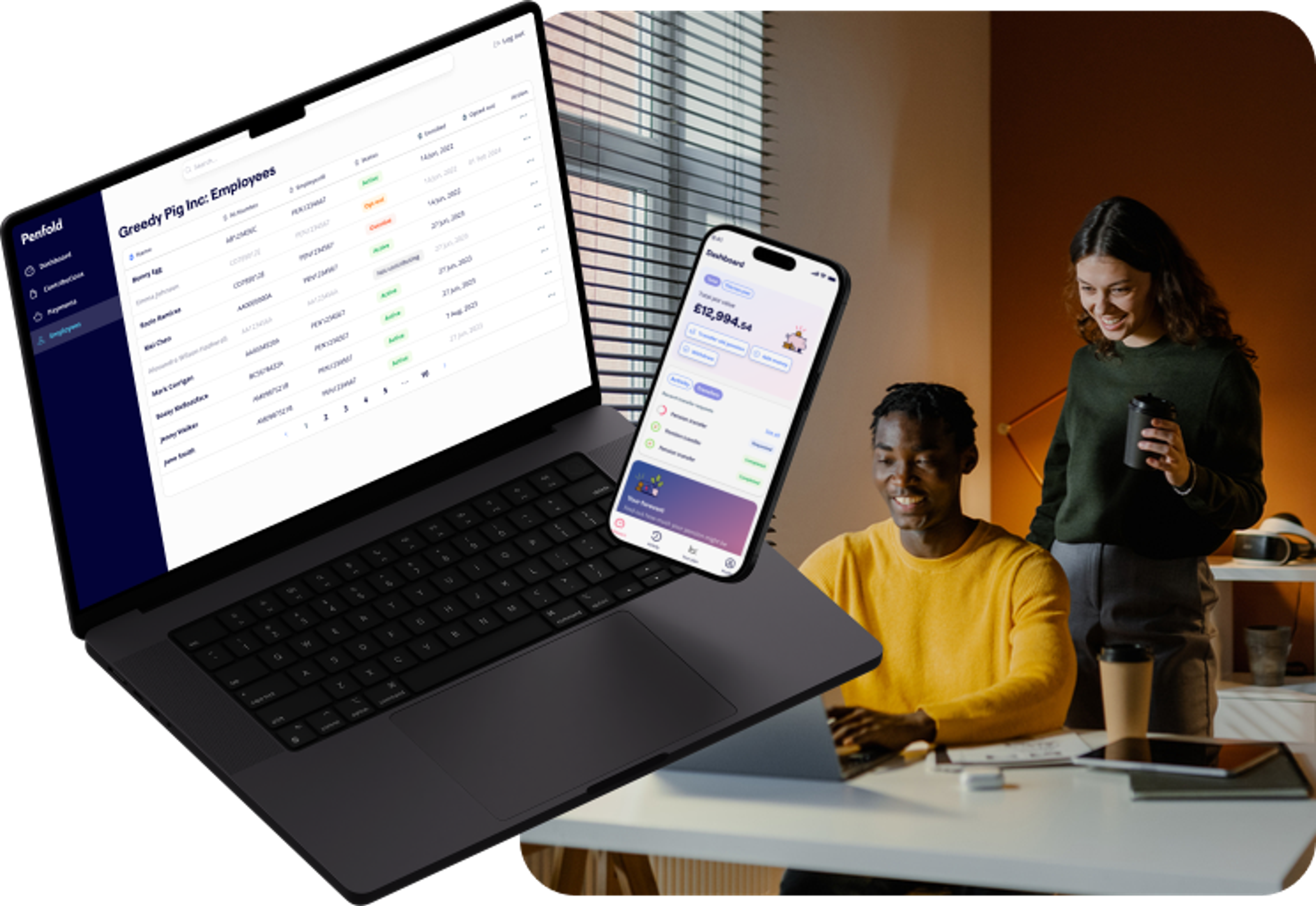 A happy young woman wearing a gray cap and sweater looks at her orange smartphone, pointing to it with a smile. In the foreground, a graphic overlay of a phone screen shows the Penfold pension app interface, with a notification from Acme Inc. that £400 has been paid into her pension. The screen displays a total pot value of £12,994.54 and options for pension transfer and forecasting retirement value.