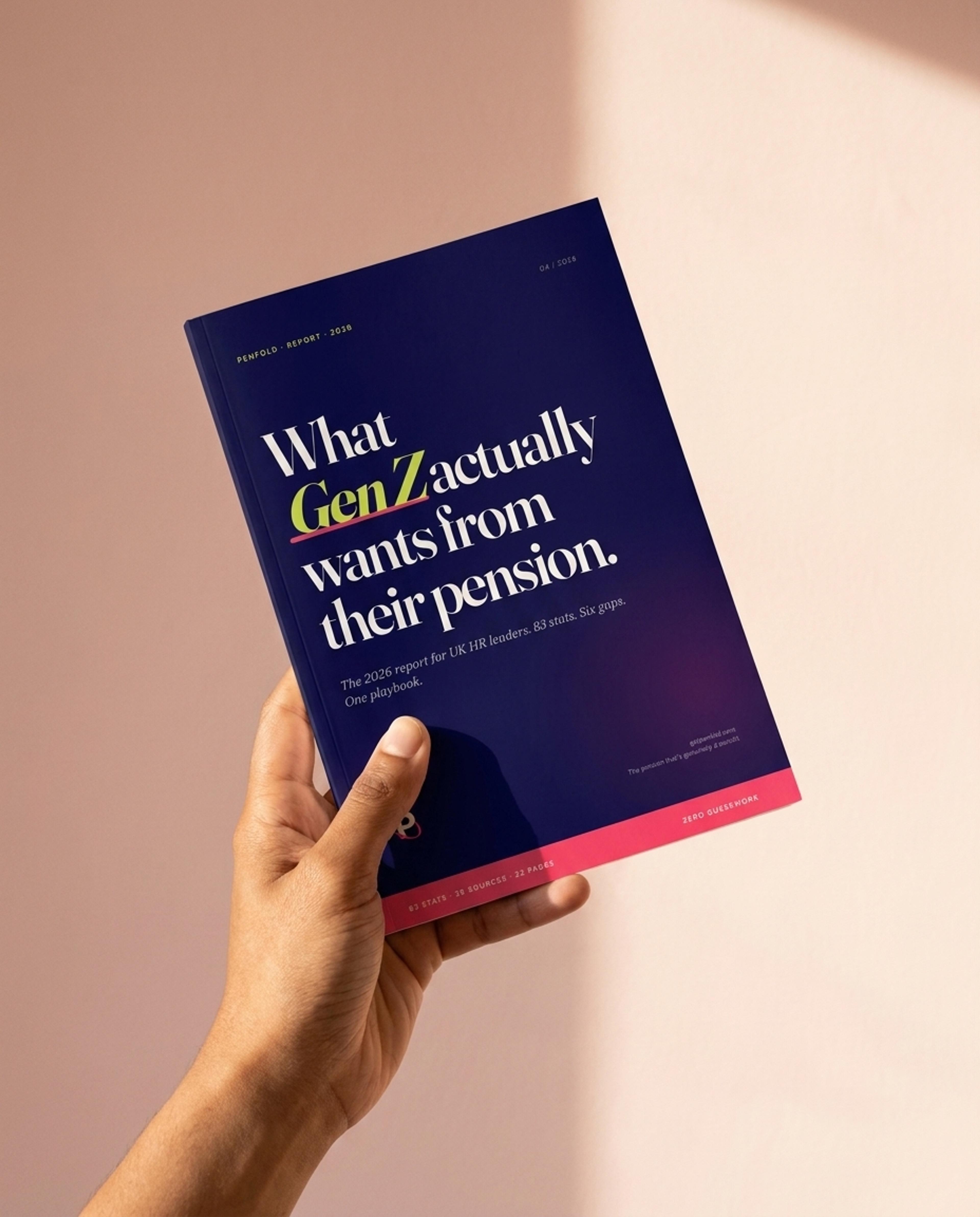 Hand holding a book showing "What Gen Z Actually Wants From Their Pension" on the cover