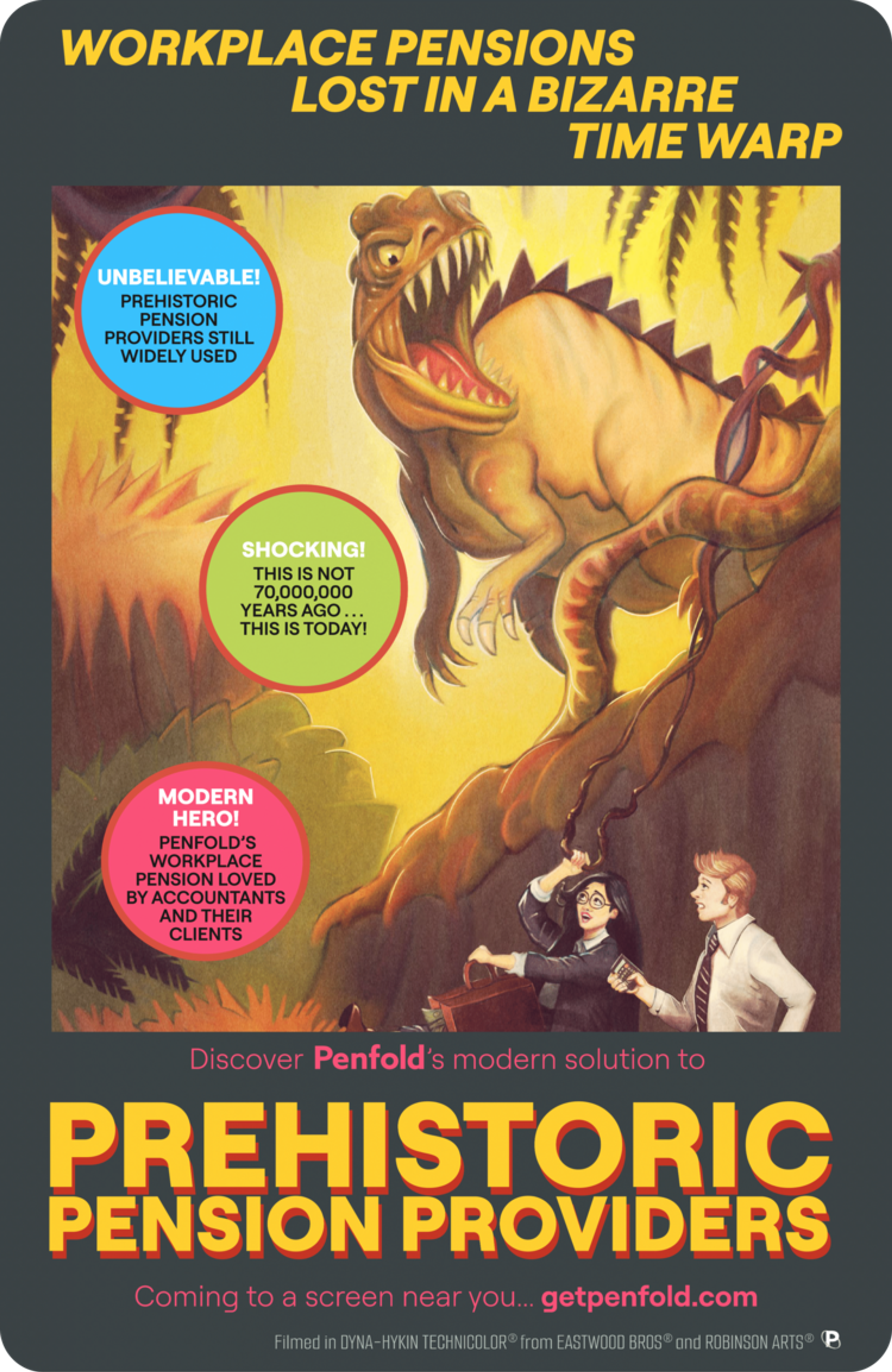 Penfold's mock-up movie poster. It shows scared accountants running away from a tyrannosaurus rex.