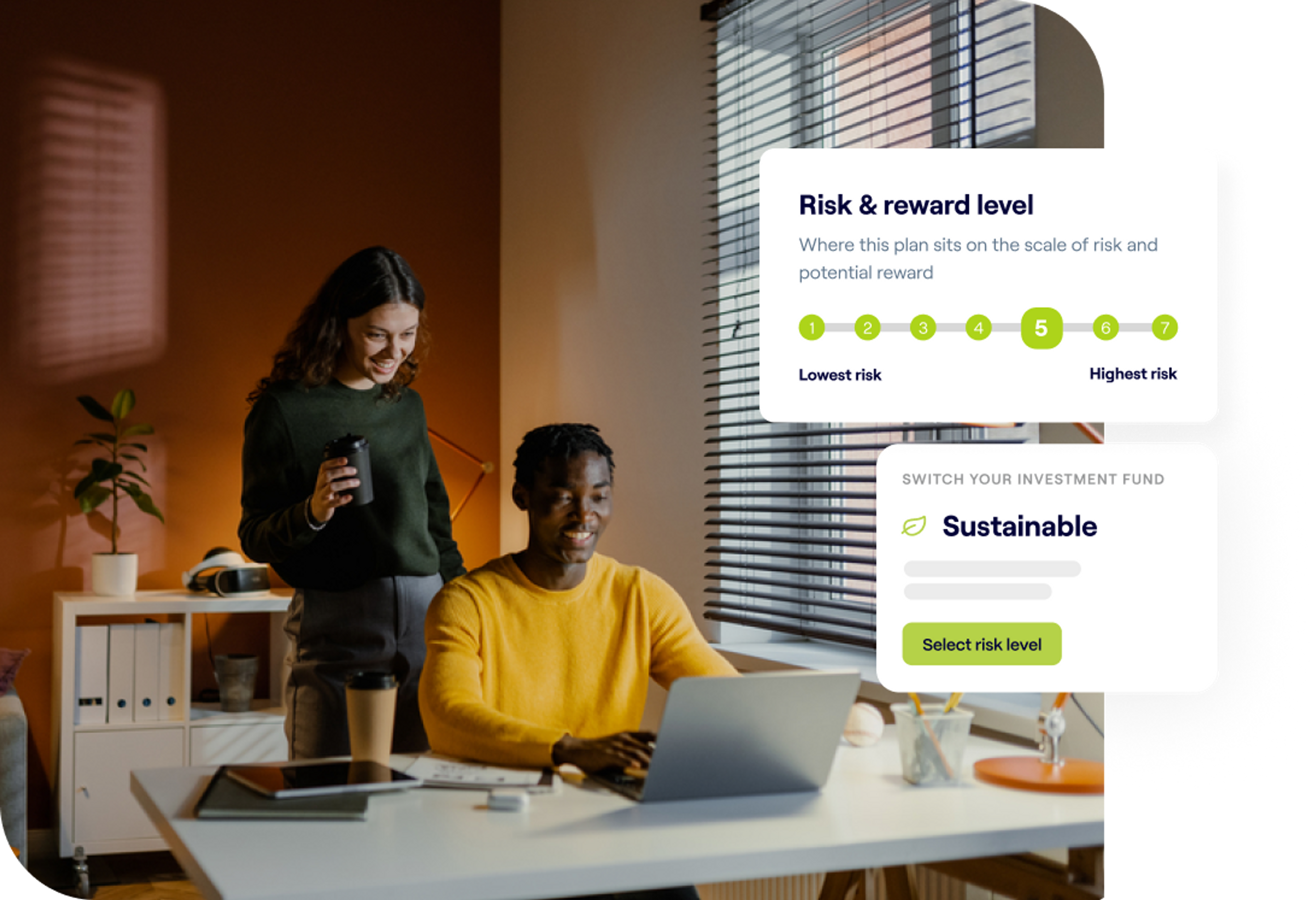 A photo of two finance team members sat at a desk and excerpts of the Penfold pension app showing Sustainable investment fund screens