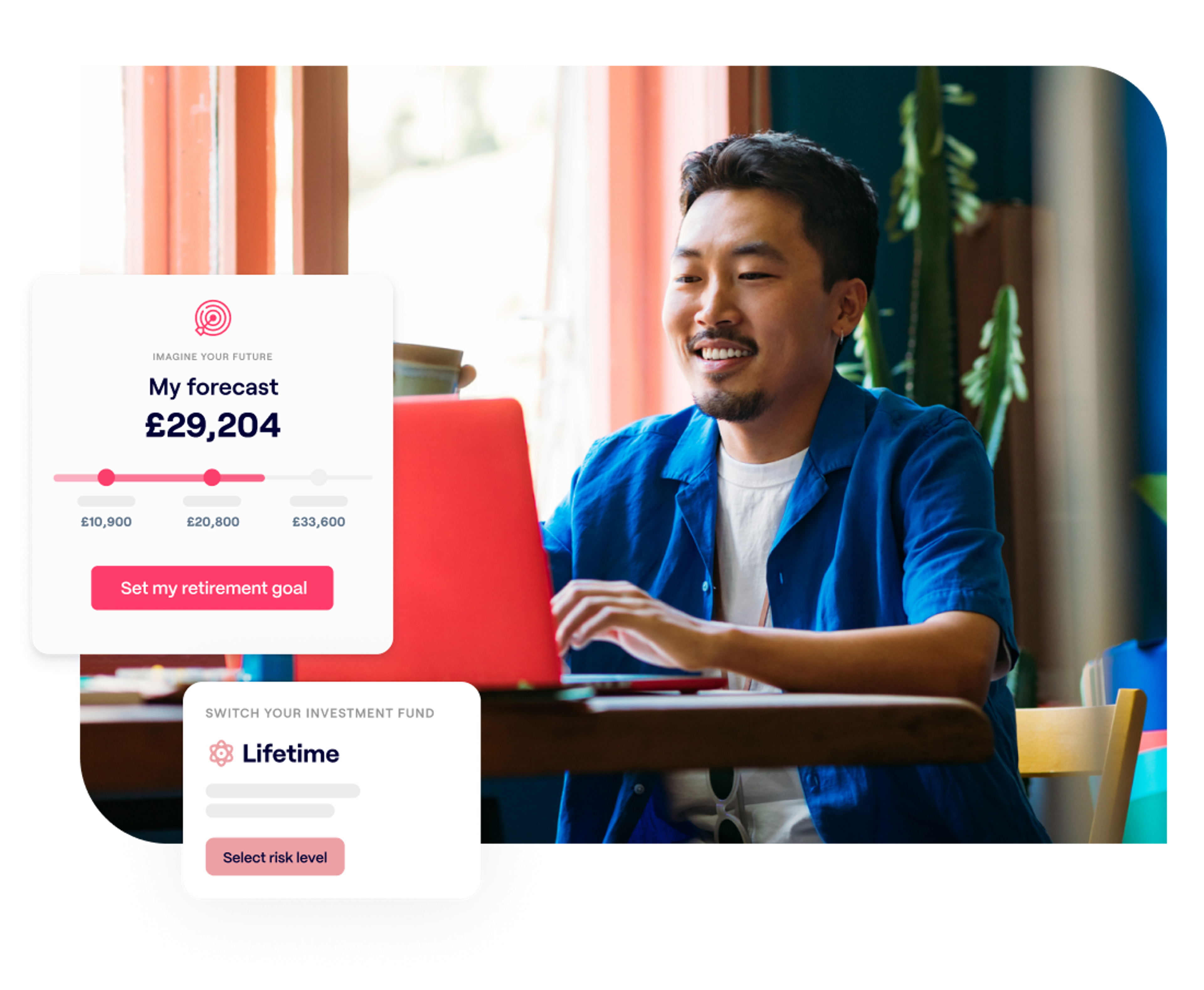 A photo of a financial advisor smiling while looking at a laptop and excerpts of the Penfold pension app showing My forecast retirement savings screens