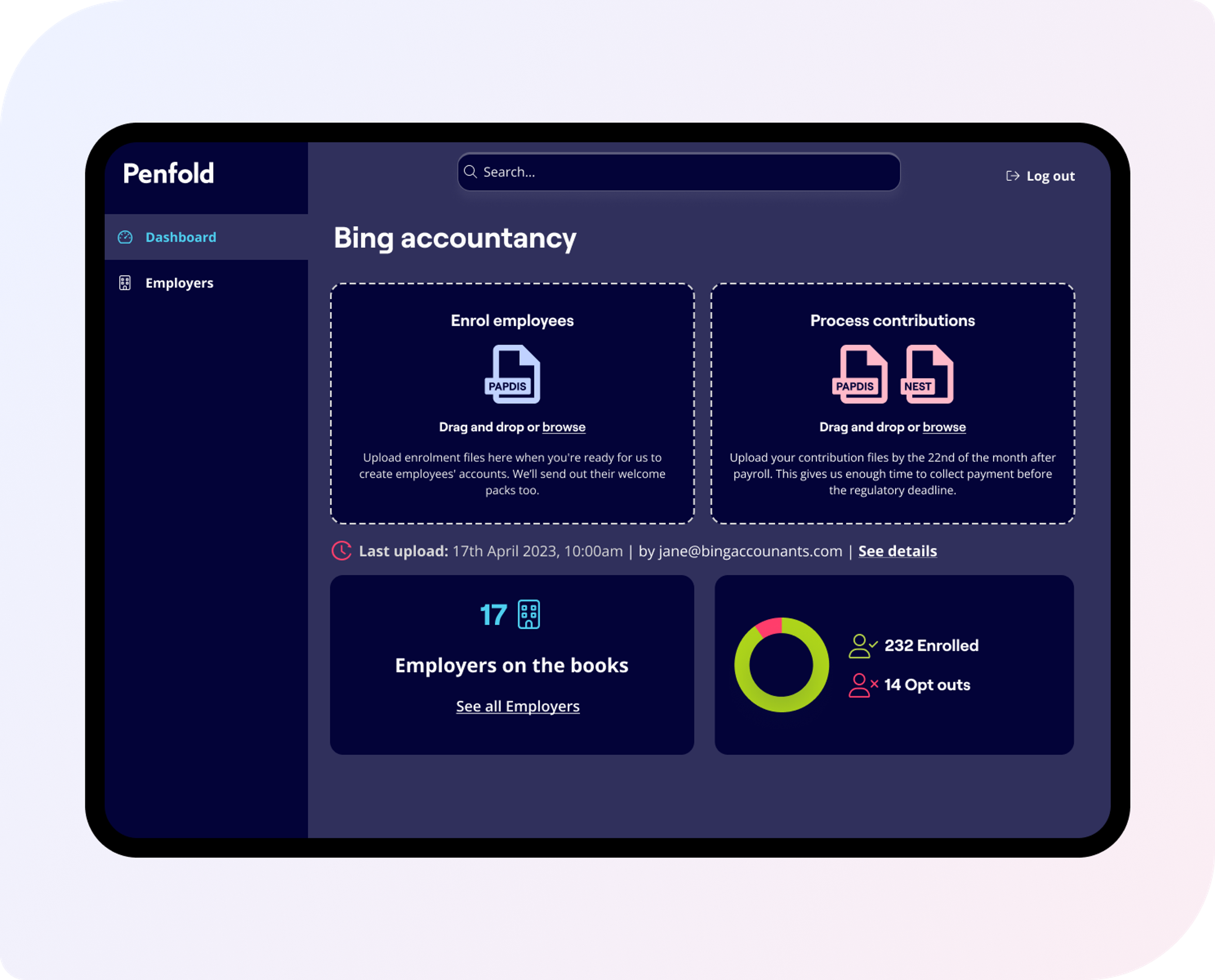 A dashboard for “Bing accountancy” within the Penfold platform is displayed on a tablet. The interface shows two sections: “Enrol employees” and “Process contributions,” each allowing file uploads via drag-and-drop or browsing. Below, there is a status update with the last upload timestamp (17th April 2023, 10:00am) and user email (jane@bingaccountants.com). Statistics at the bottom show 17 employers, 232 enrolled employees, and 14 opt-outs. A pie chart illustrates the enrolment and opt-out numbers. A sidebar on the left includes navigation to the dashboard and employers.
