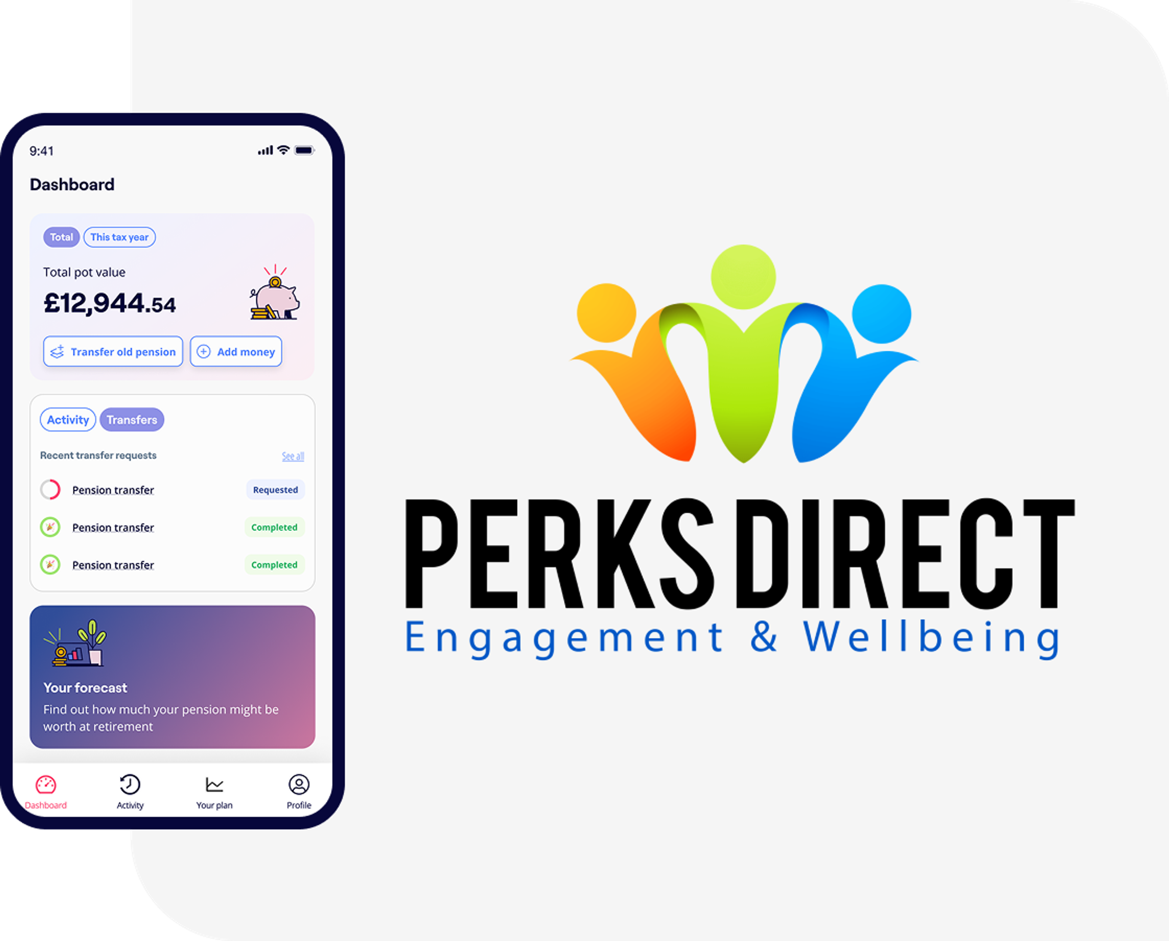 The Perks Direct logo alongside the Penfold pension app showing savings and contribution screens