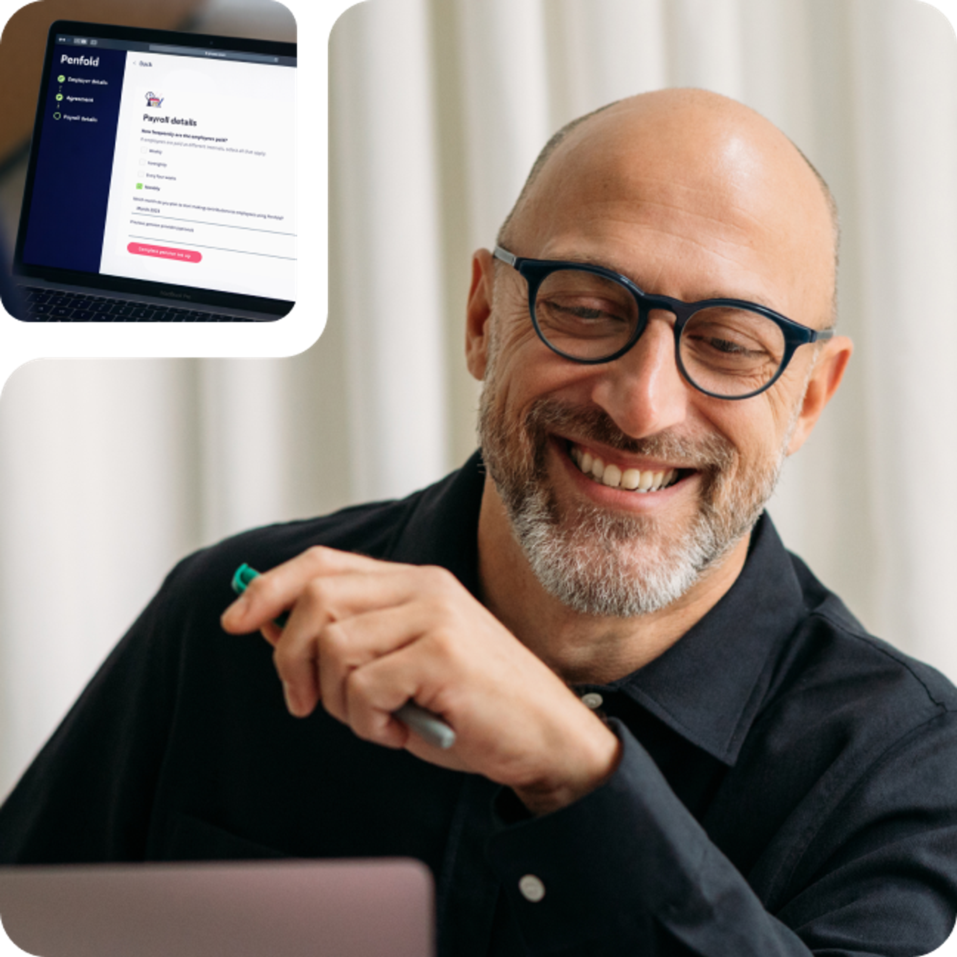 A bald man with glasses and a beard smiles while holding a pen, with a small inset of a laptop screen displaying the Penfold payroll details form.