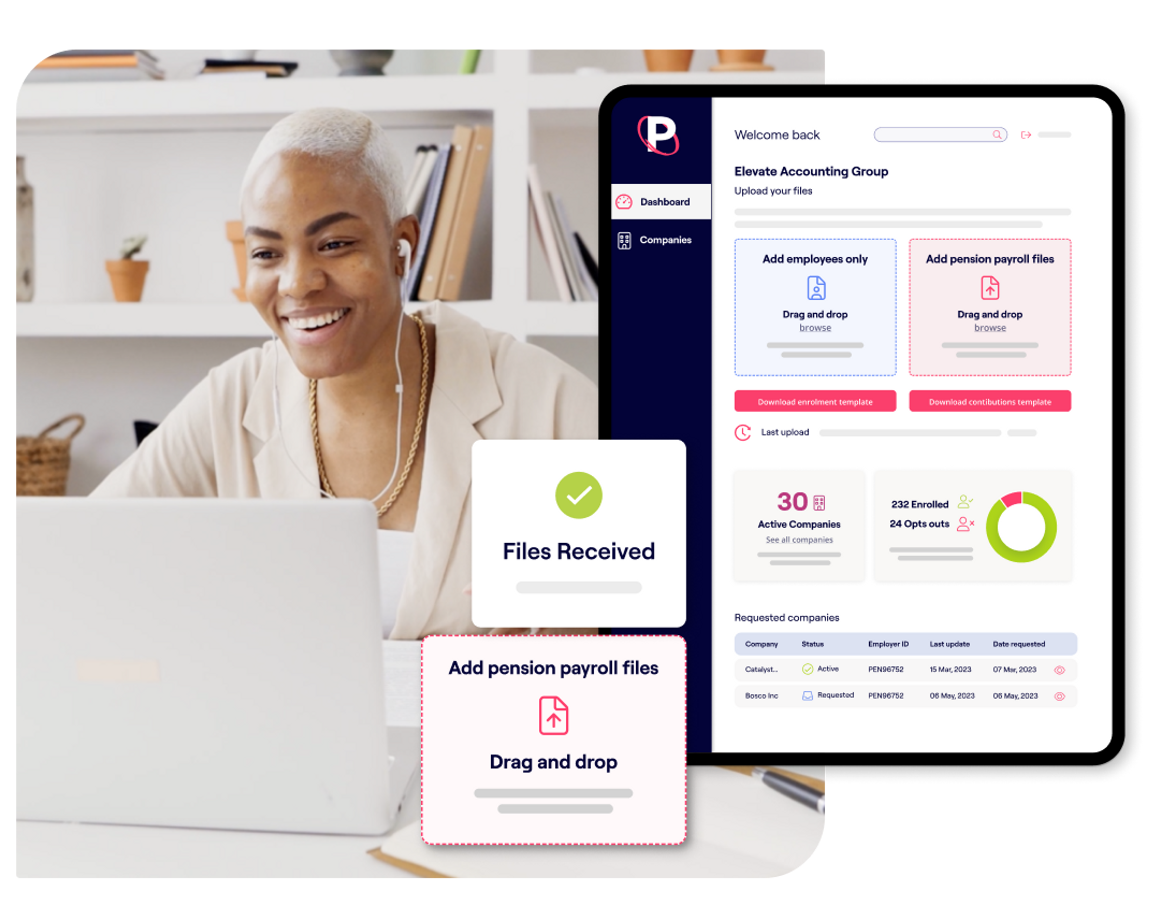 A photo of a man sat at a table holding a pen and excerpts of the Penfold platform showing pension payroll screens