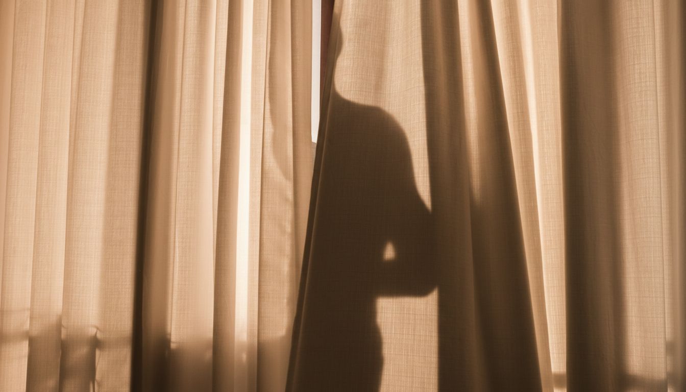 Silhouette of a person behind a curtain, only the upper half of the torso visible.
