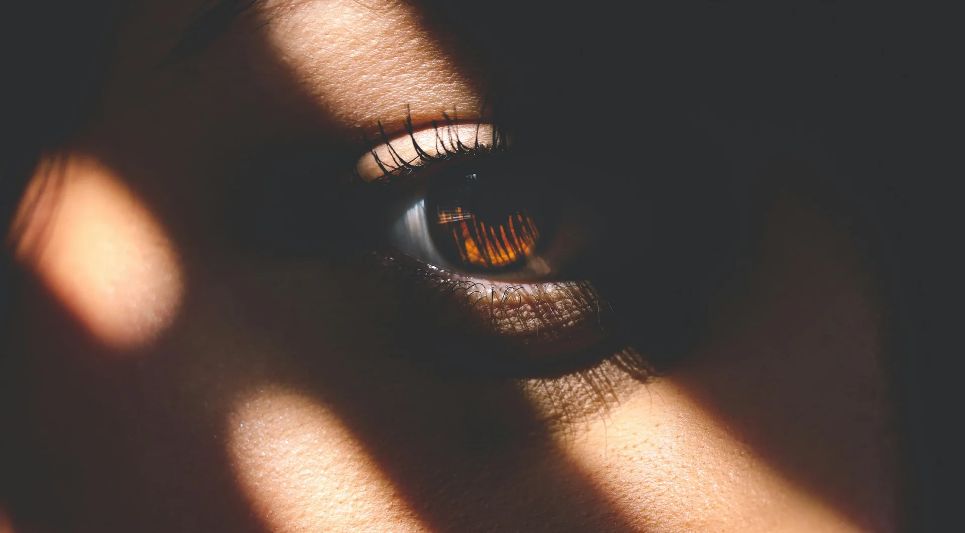 Close-up of an eye with brown iris, highlighted by strong shadows
