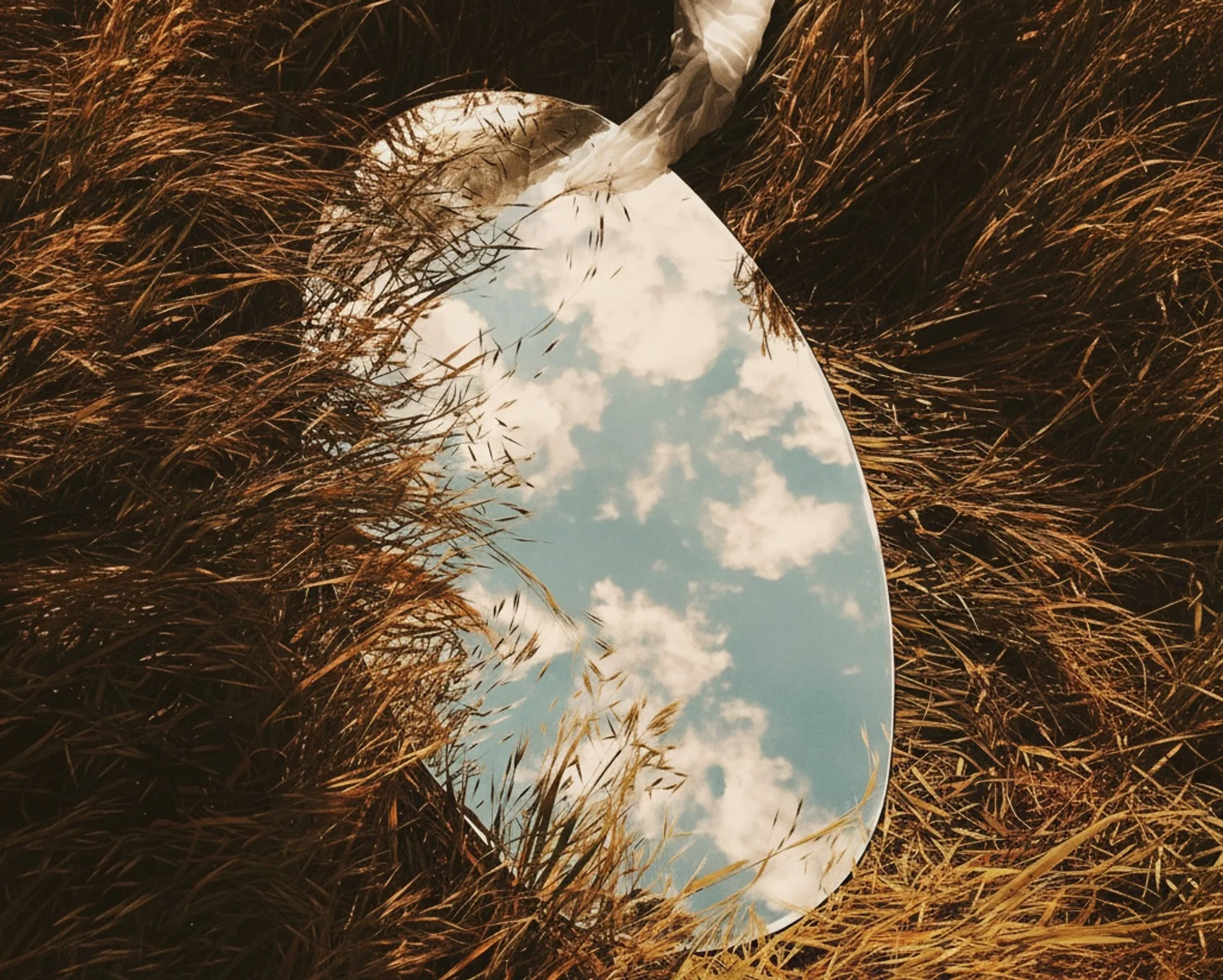 Mirror in the grass reflecting the sky