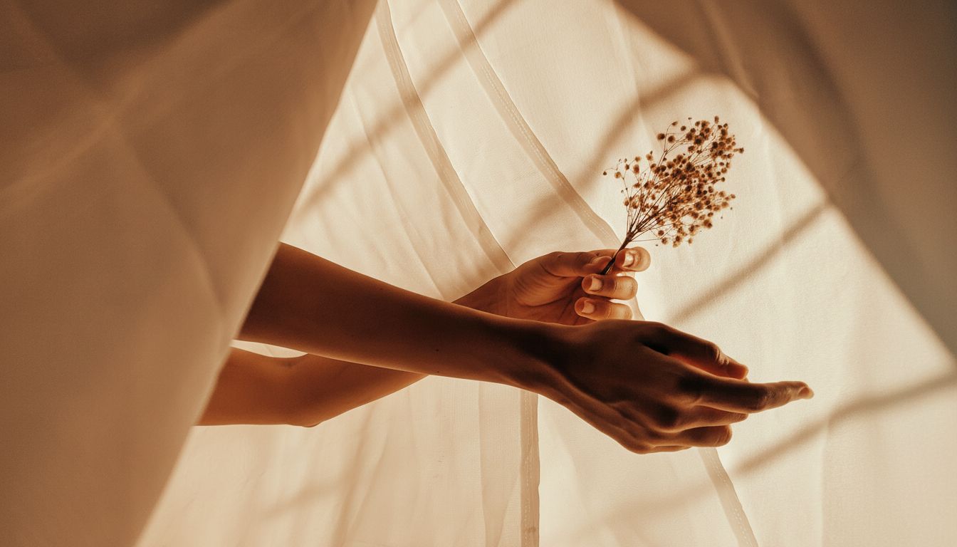 Hands emerging from between fabrics, seen from the side, one holding a flower
