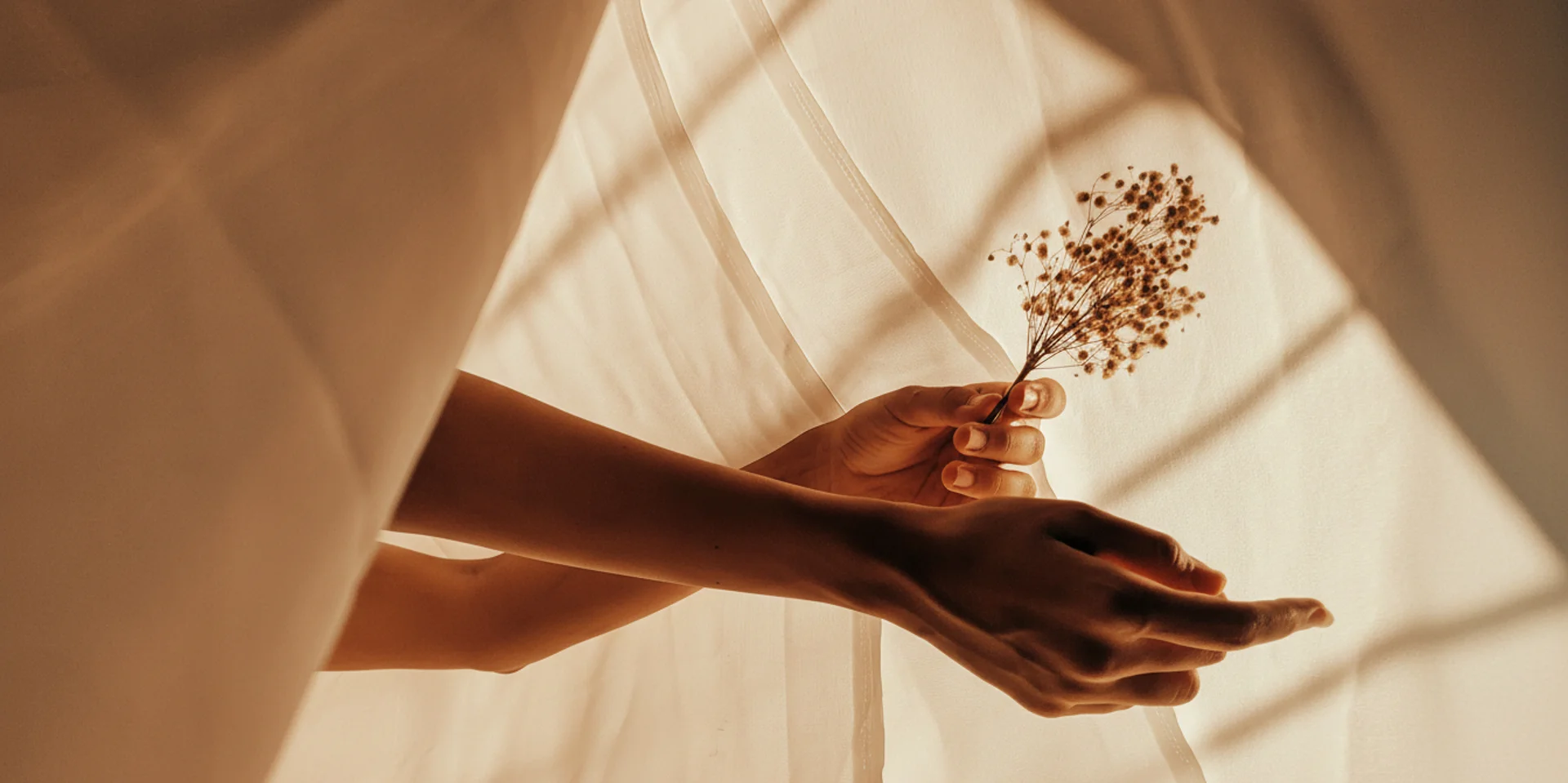 Hands emerging from between fabrics, seen from the side, one holding a flower