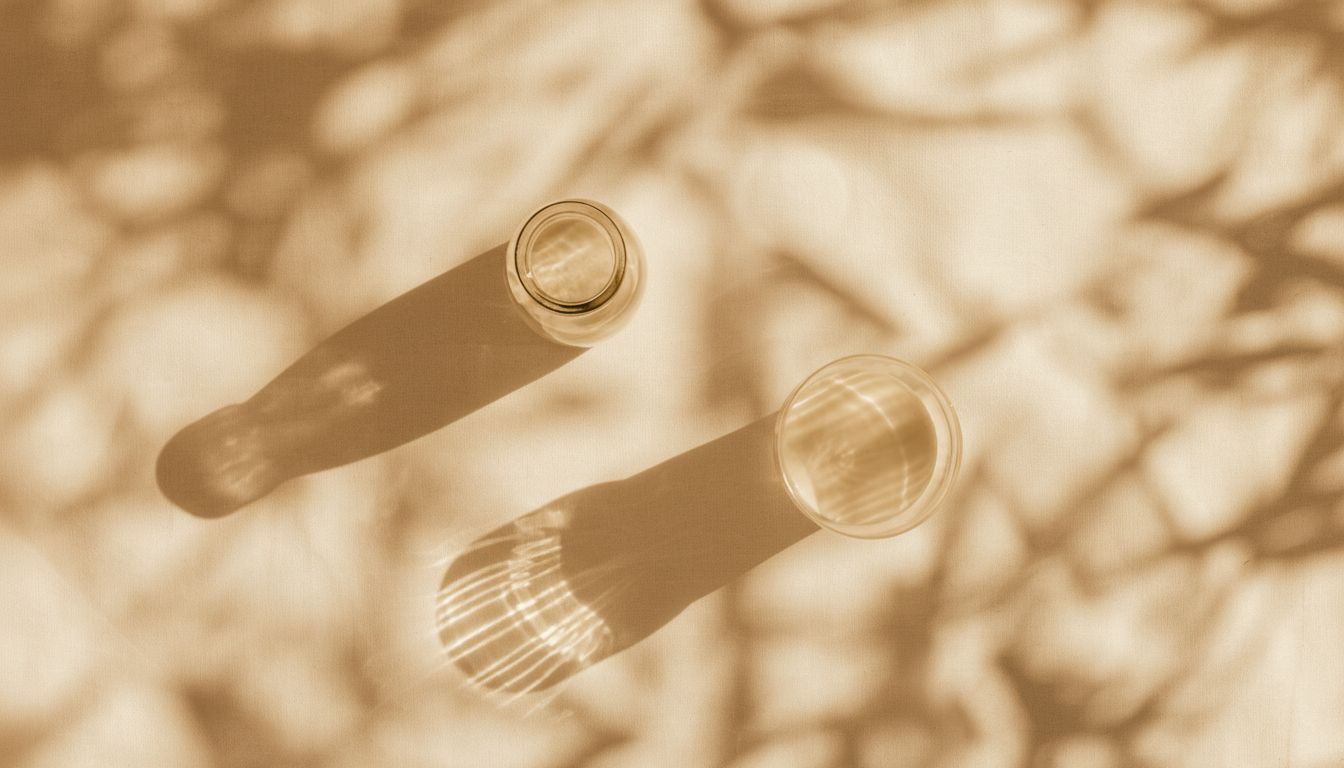 Top-down view of a bottle and glass with shadows of branches falling across them