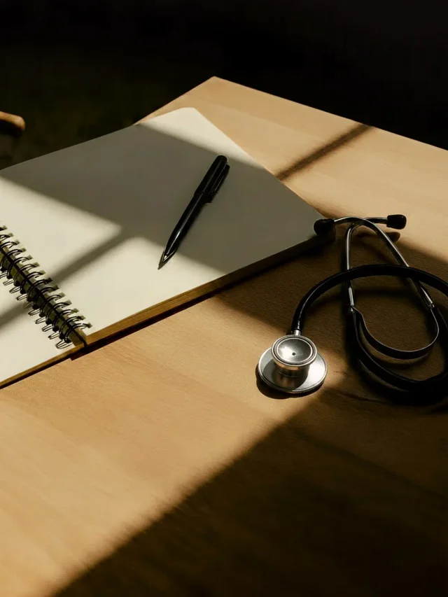 A stethoscope and open spiral notebook