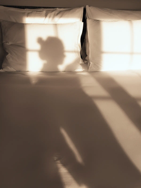 Clear silhouette of a person's head and window shadows on a sunlit bed.