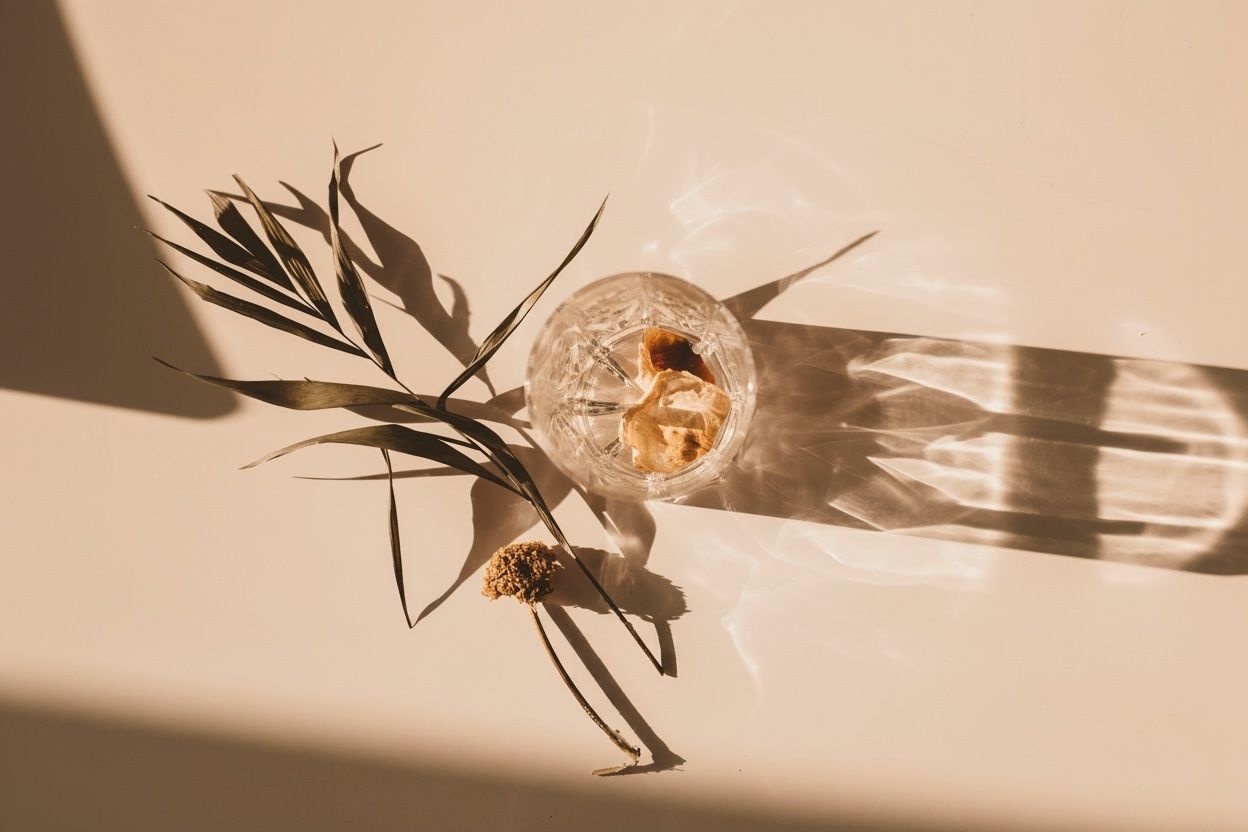 Empty glass containing dried rose petals, with a dried palm leaf beside it