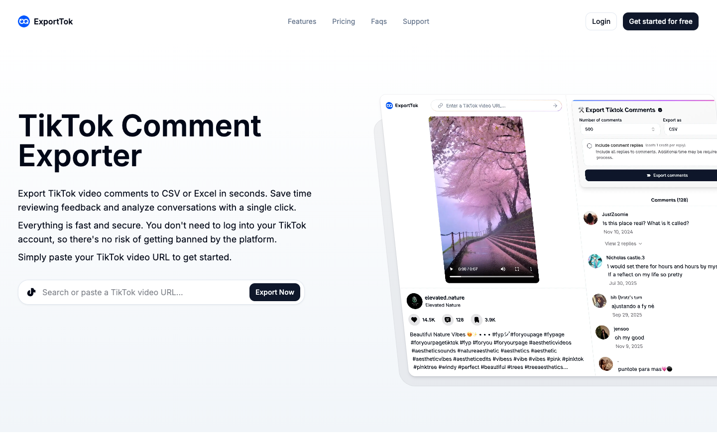 ExportTok 首页，一款 TikTok 评论导出工具，带有网址输入框和评论预览面板