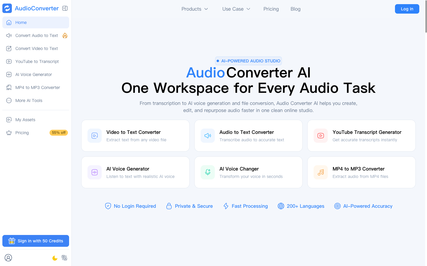 AudioConverter AI 的首页，一整套可以免费上手使用的音频、视频转换工具