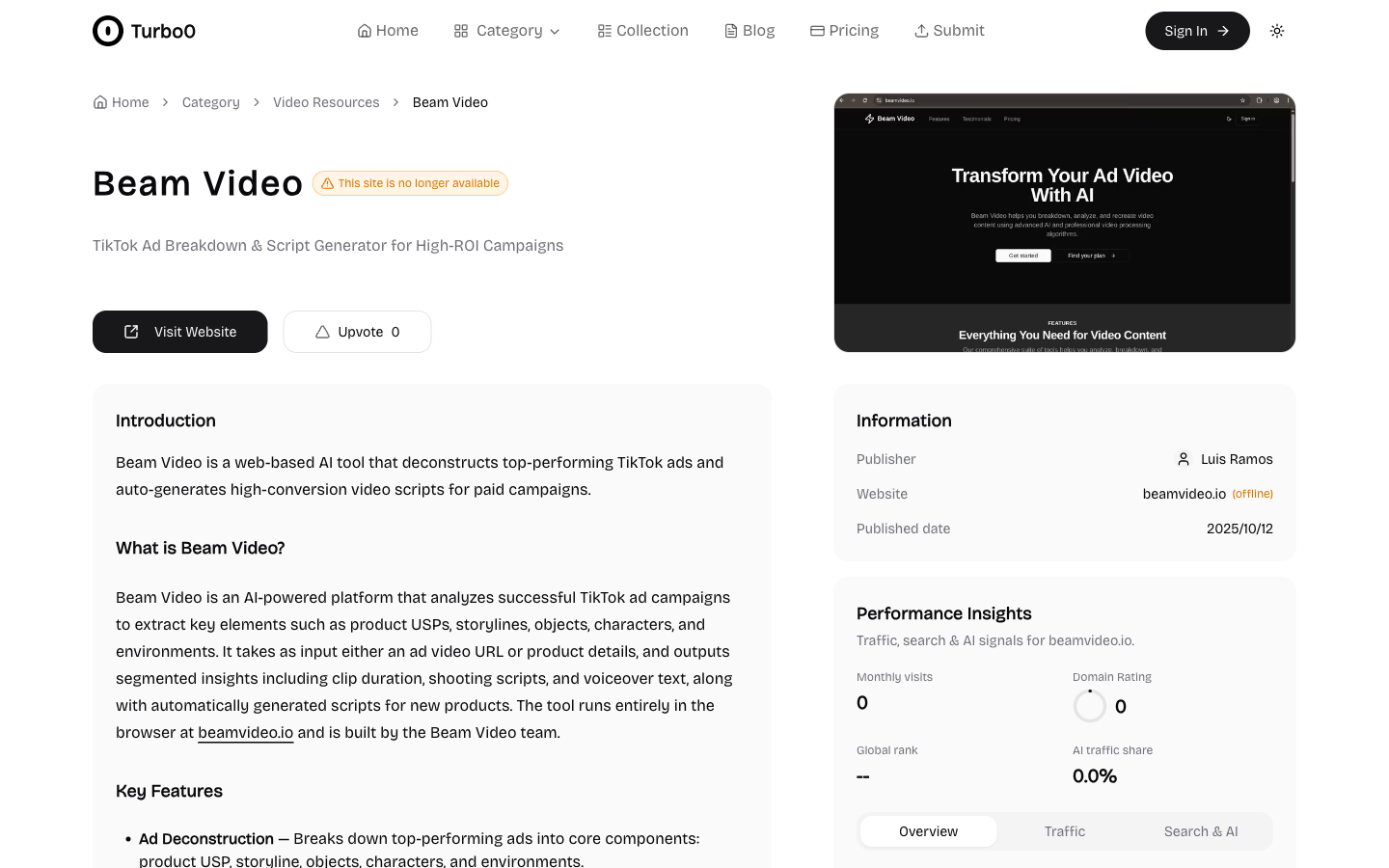Beam Video 在 Turbo0 上的详情页，标注"This site is no longer available"，下方是它已下线的 AI 广告拆解工具截图