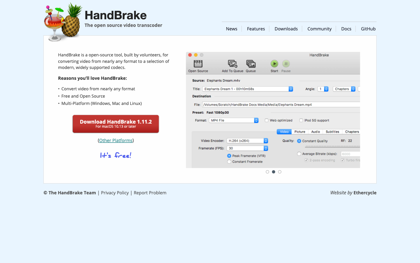 HandBrake 官网首页，一款有着数十年历史的免费开源视频转码工具，界面朴素、下载转换流程一目了然