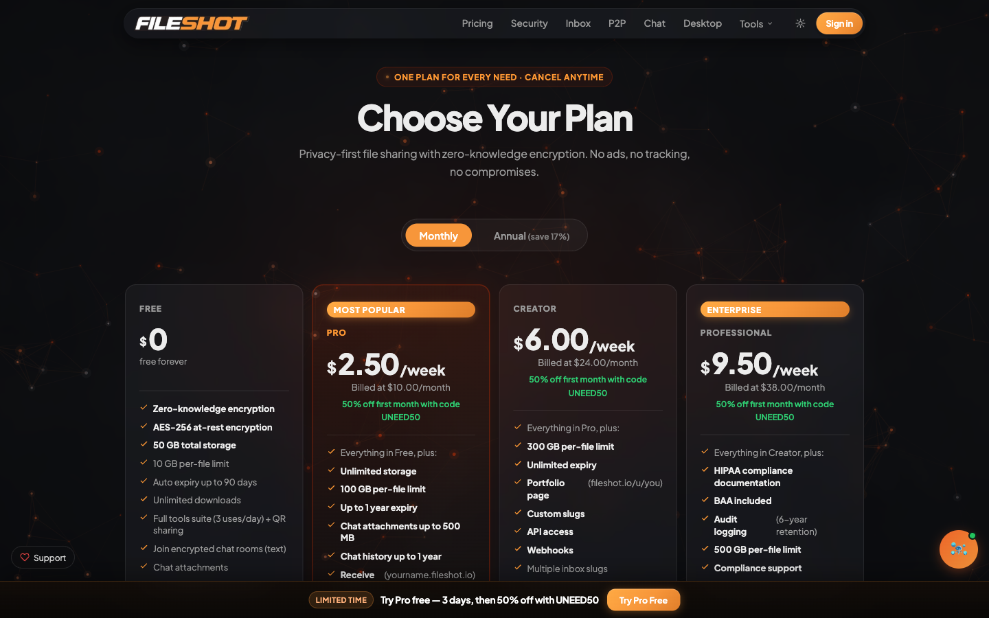 FileShot 的定价页面，展示了一个永久免费档位，以及 Pro、Creator、Enterprise 三档订阅方案