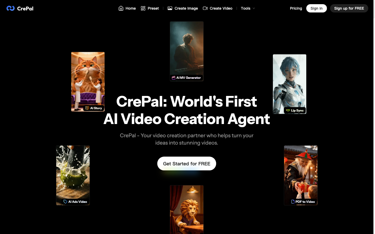 CrePal 首页，一款 AI 视频创作工具，展示了多个生成视频案例