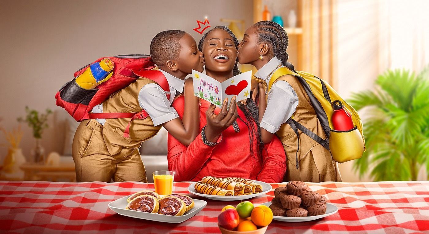 happy kids with some fruits and treats on the table
