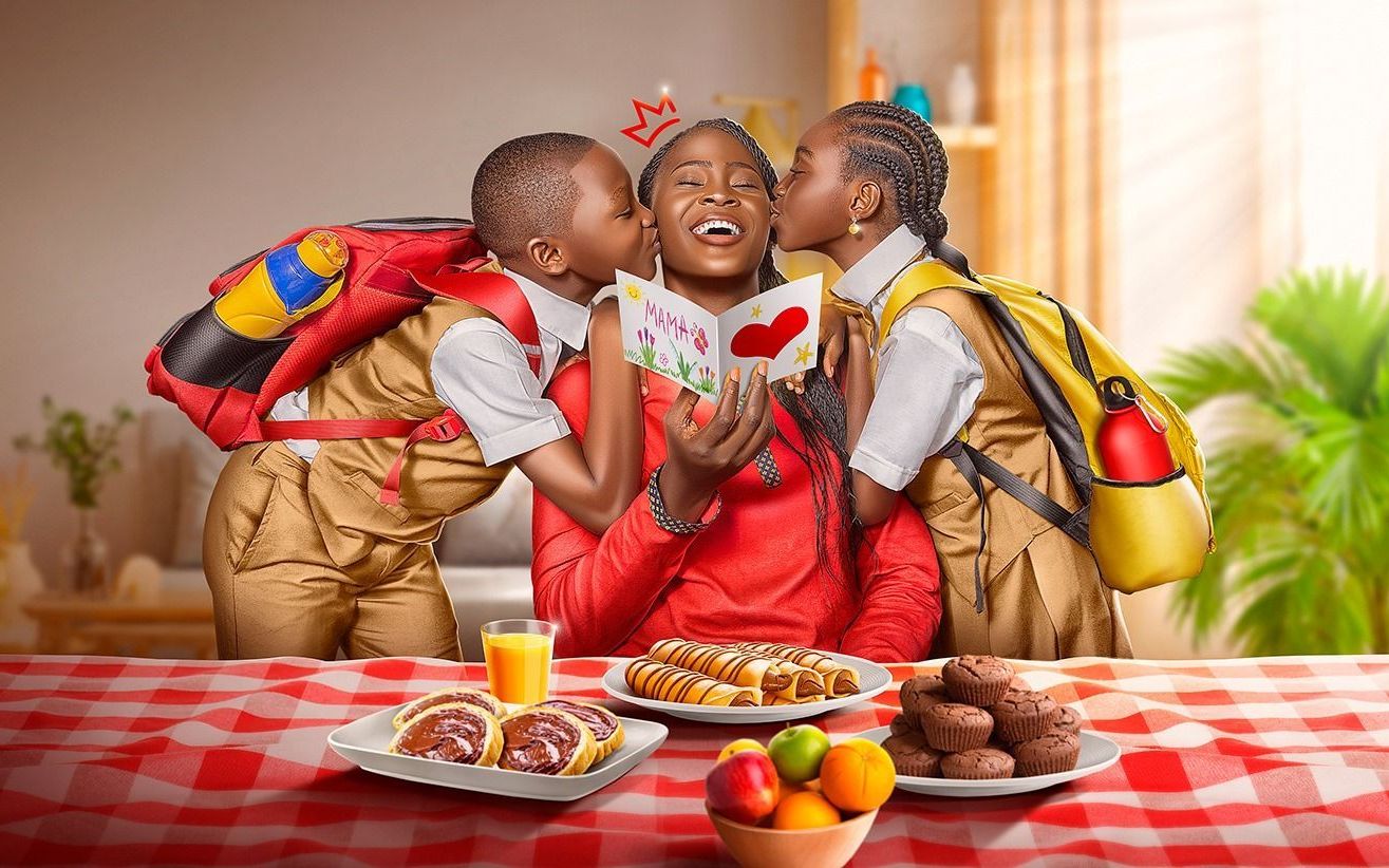 happy kids with some fruits and treats on the table