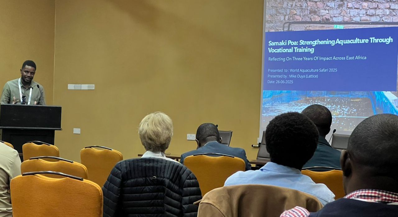 Mike Ouya, Technical Project Manager, Lattice presenting on Samaki Poa one of our projects on strengthening aquaculture through vocational training