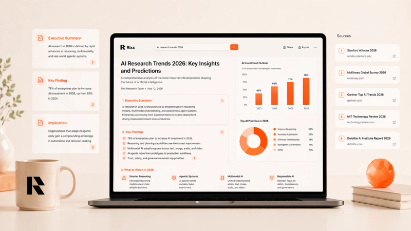 A researcher reading a deep AI research report with charts and citations on screen, representing Rixx deep research mode