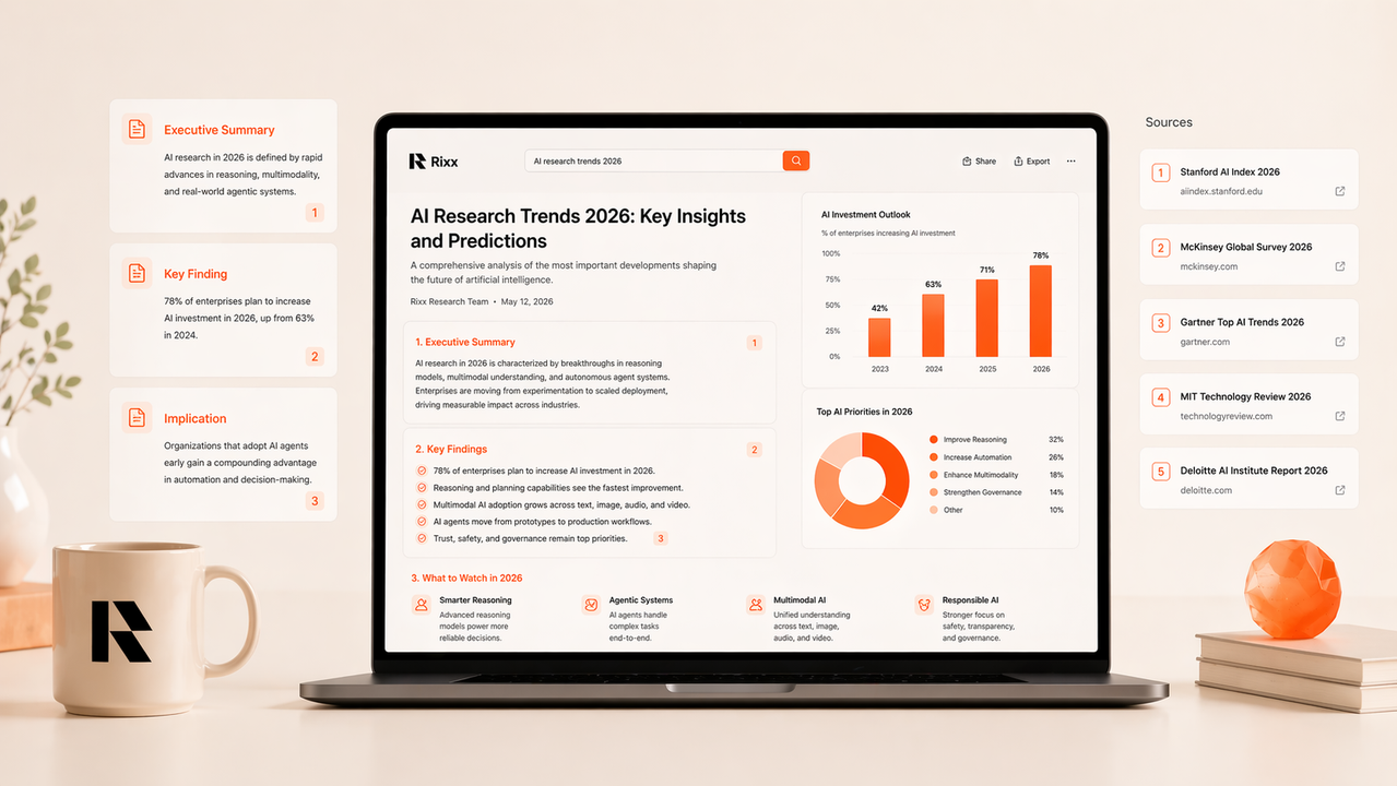 A researcher reading a deep AI research report with charts and citations on screen, representing Rixx deep research mode