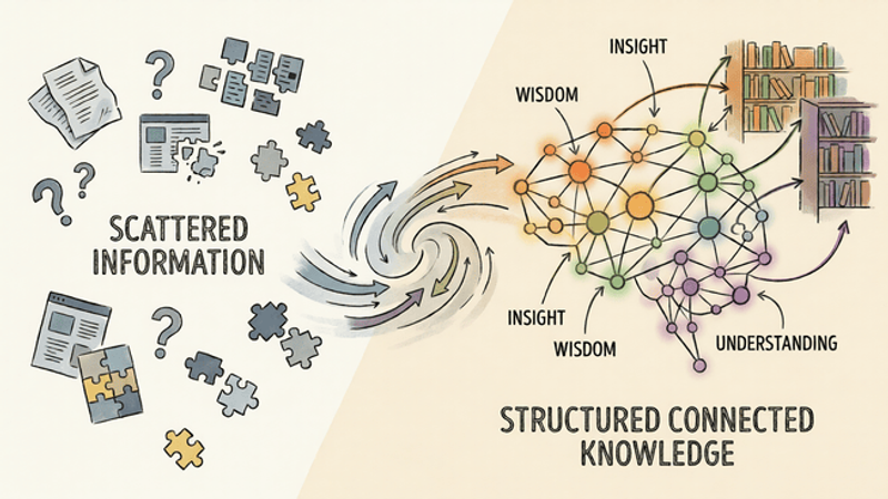 Illustration showing scattered information turning into structured connected knowledge