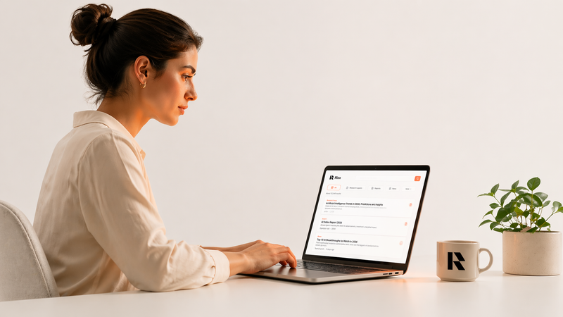 A researcher at a glowing screen with organised cited search results, representing deep AI-powered research with Rixx