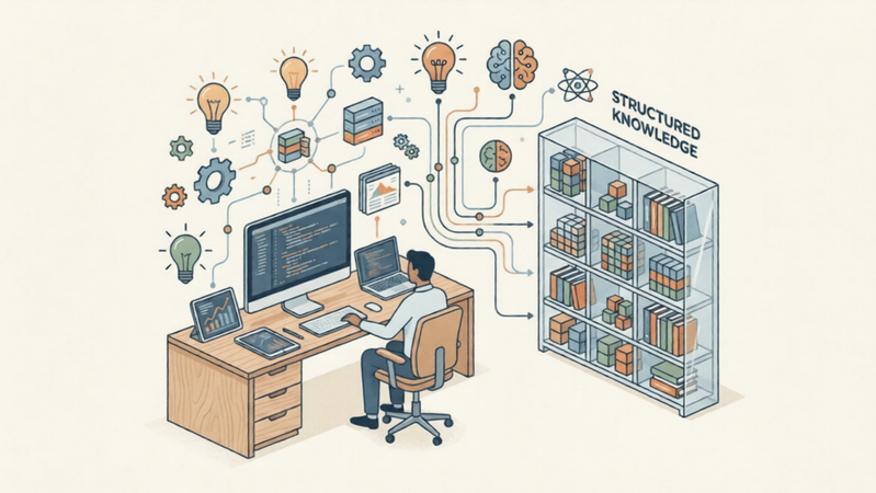 Minimal illustration of a modern AI research workspace with connected ideas and structured knowledge