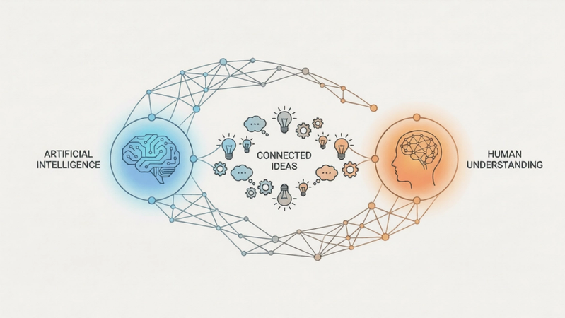 Minimal illustration representing artificial intelligence and human understanding with connected ideas