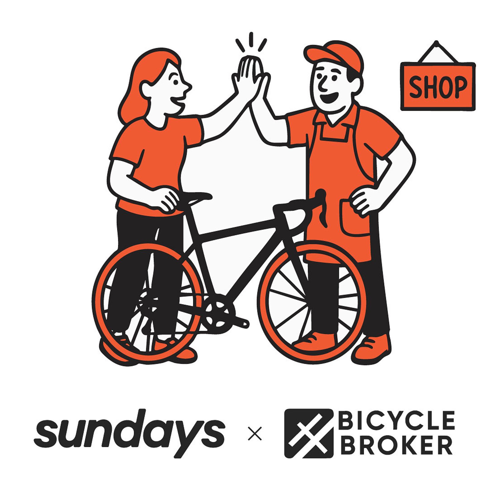 Illustration of a woman and bike shop worker high-fiving over a bicycle, wearing orange branded clothing, with a "SHOP" sign in the background; Sundays and Bicycle Broker partnership logo.