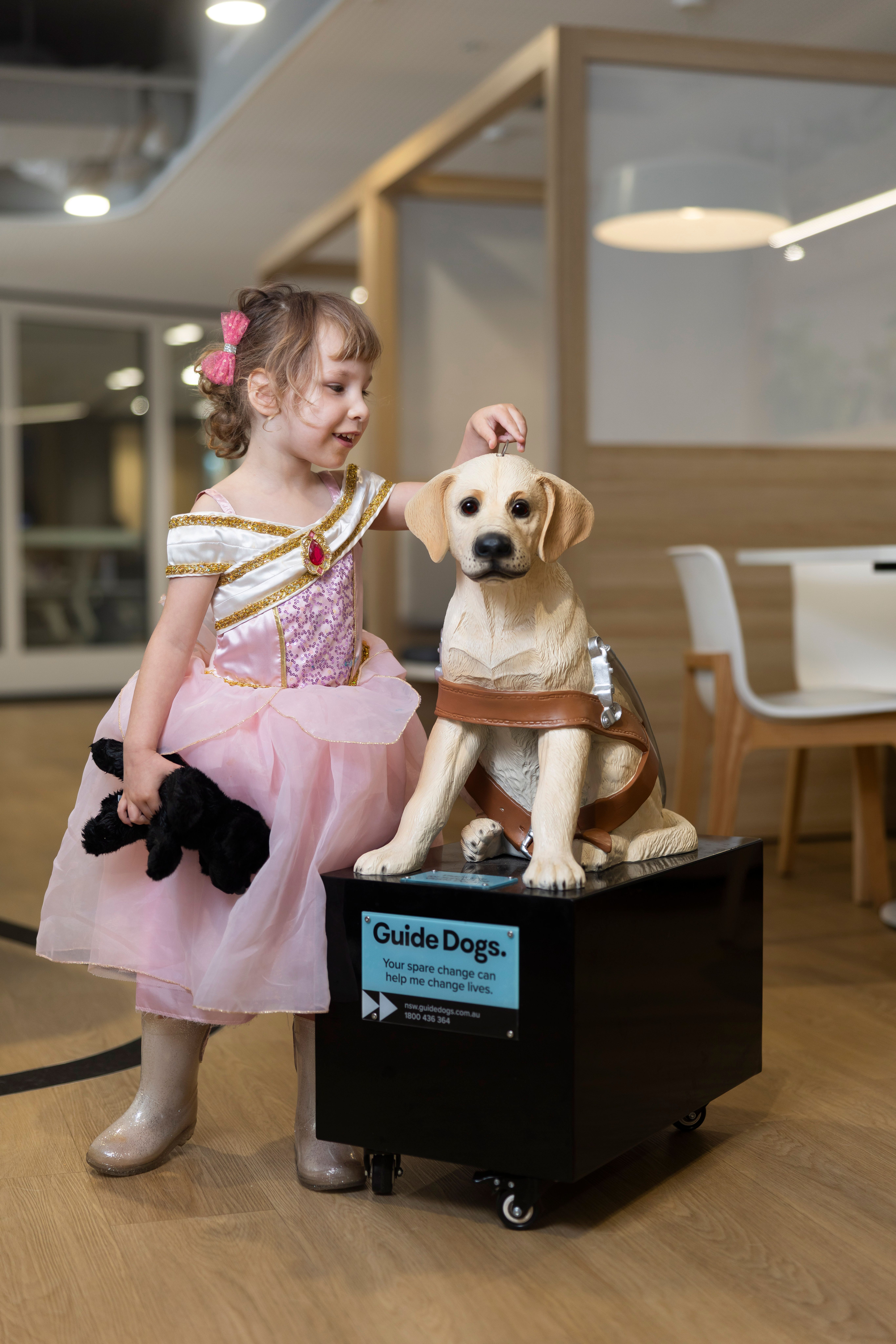 A girl putting a coin in a donation dog. 