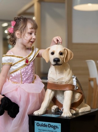 A girl putting a coin in a donation dog.
