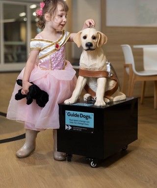 A girl putting a coin in a donation dog.