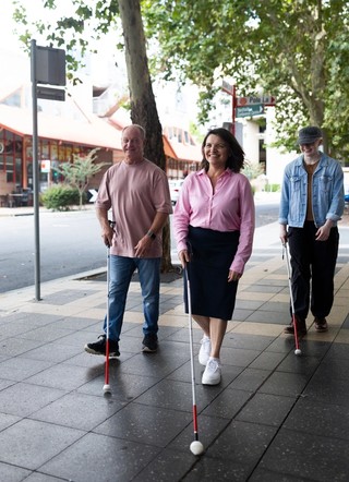 Three people walking with their canes.