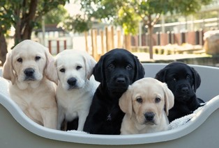 Yellow and black Labrador puppies looking at the camera.