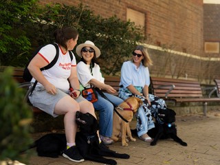 Three puppy raisers sitting with their dogs.