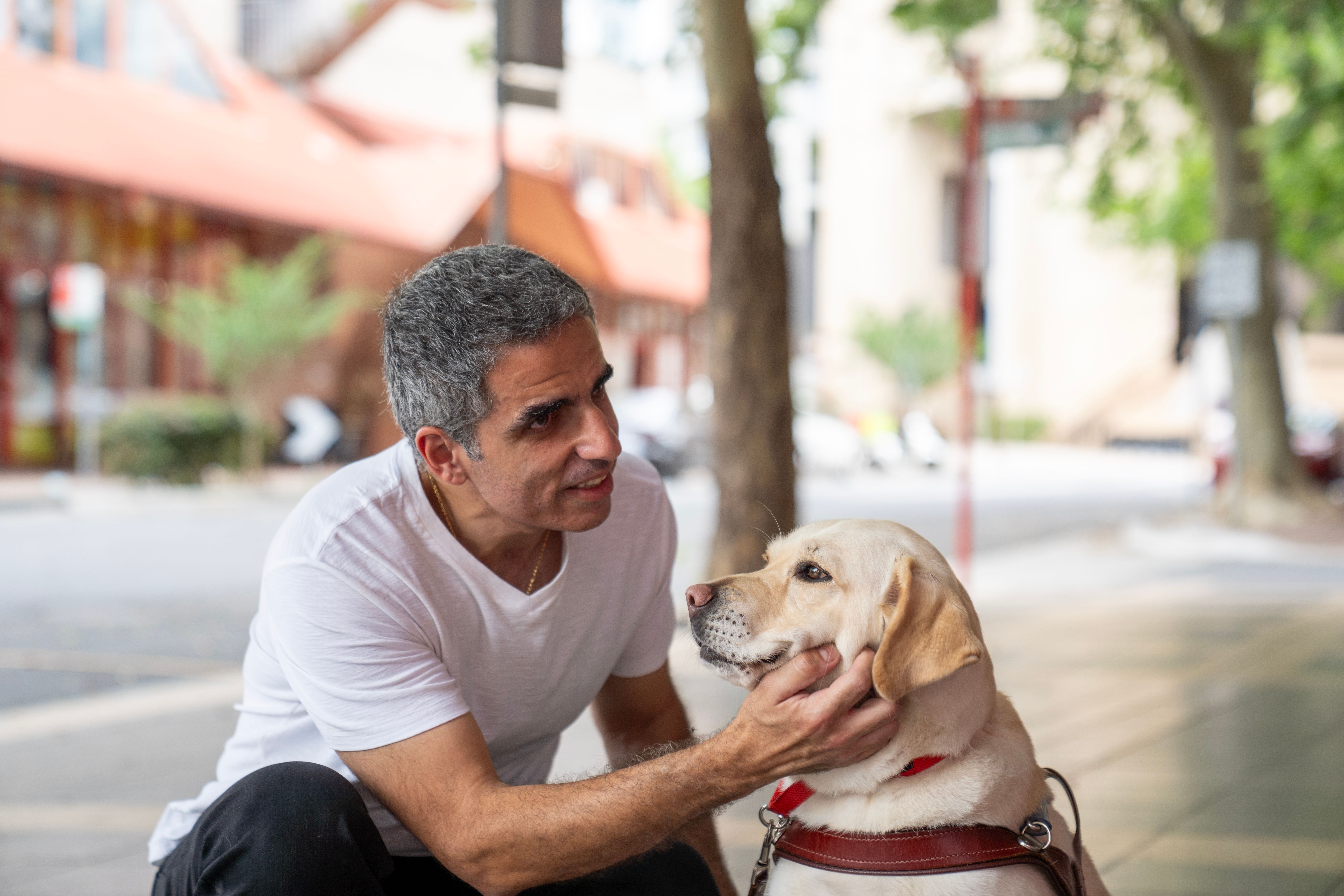 A Handler petting their Guide Dog.