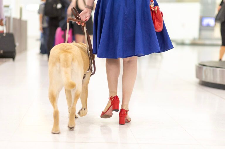 A person walking through the airport with their Guide Dog.